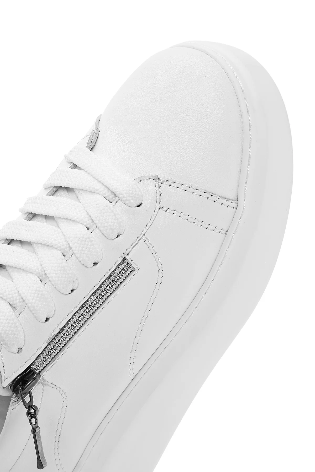 Kadın Beyaz Fermuarlı Bağcıklı Kalın Tabanlı Deri Sneaker - Image 8