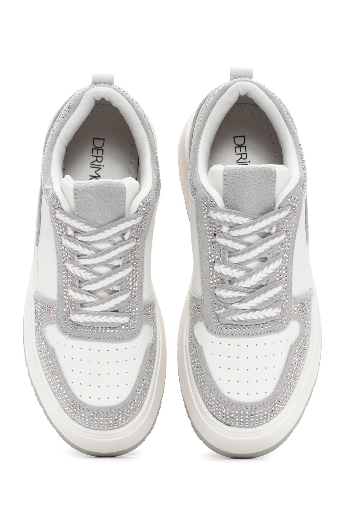 Kadın Beyaz Kalın Tabanlı Taşlı Bağcıklı Sneaker - Image 7