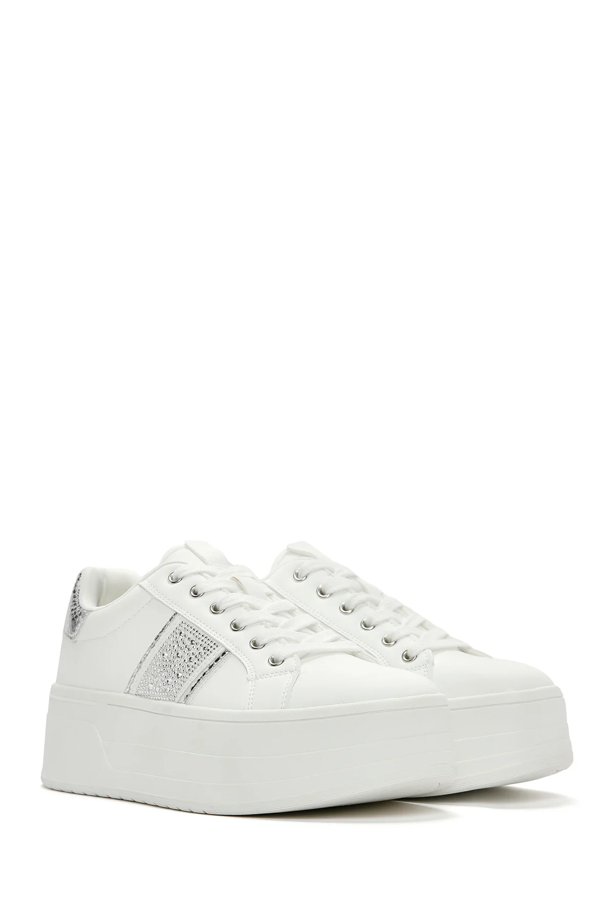 Kadın Beyaz Kalın Tabanlı Taşlı Sneaker - Image 3