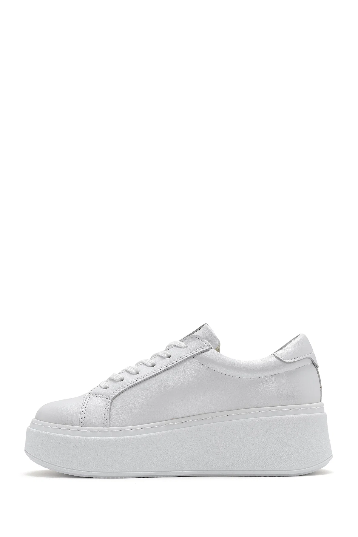 Kadın Beyaz Kalın Tabanlı Yandan Fermuarlı Bağcıklı Deri Sneaker - Image 2