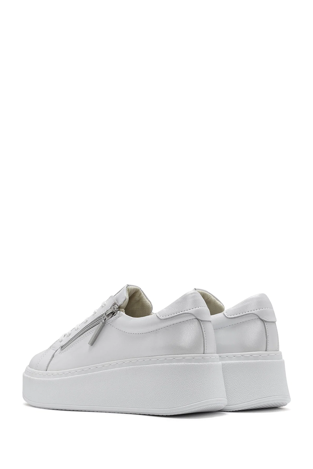Kadın Beyaz Kalın Tabanlı Yandan Fermuarlı Bağcıklı Deri Sneaker - Image 5