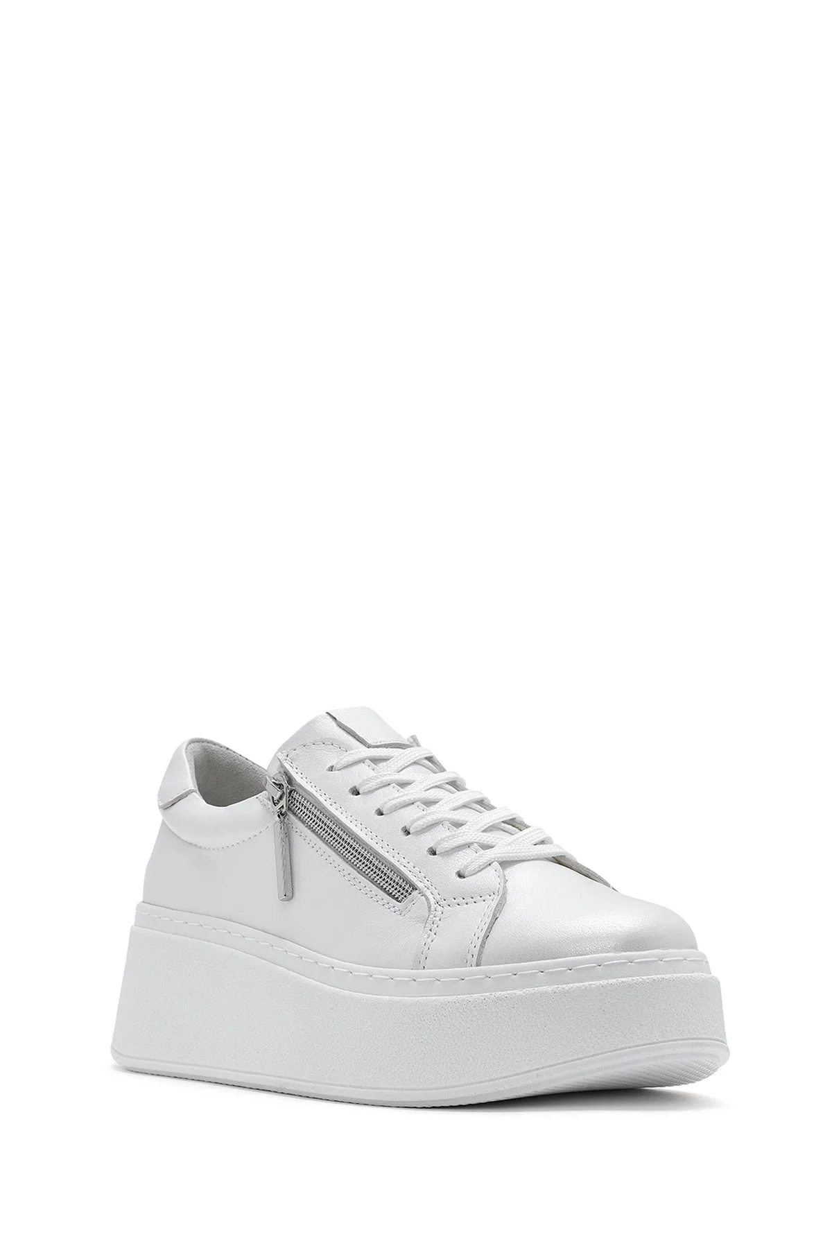 Kadın Beyaz Kalın Tabanlı Yandan Fermuarlı Bağcıklı Deri Sneaker - Image 6