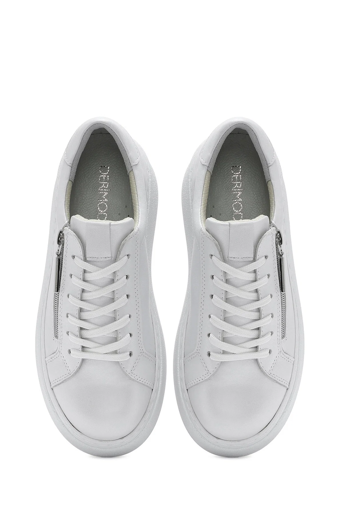 Kadın Beyaz Kalın Tabanlı Yandan Fermuarlı Bağcıklı Deri Sneaker - Image 7