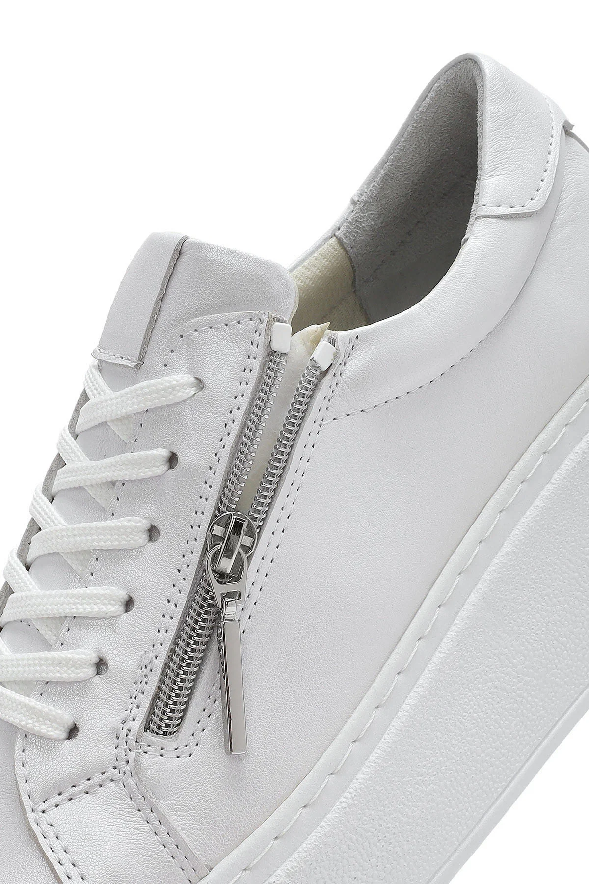 Kadın Beyaz Kalın Tabanlı Yandan Fermuarlı Bağcıklı Deri Sneaker - Image 9