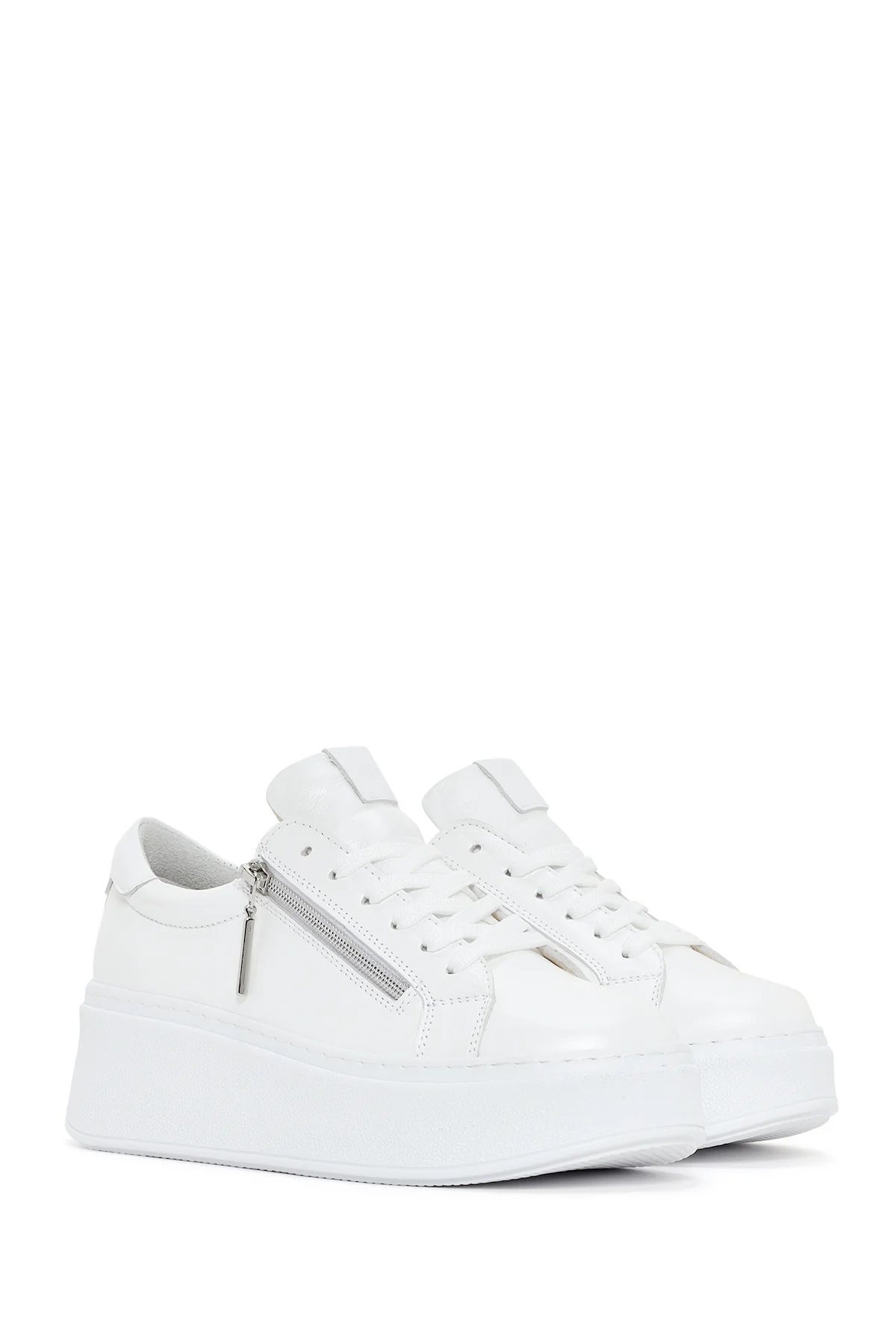 Kadın Beyaz Kalın Tabanlı Yandan Fermuarlı Deri Sneaker - Image 3