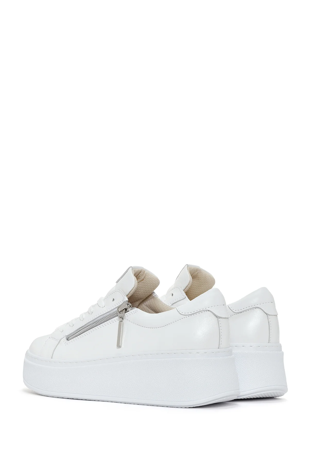 Kadın Beyaz Kalın Tabanlı Yandan Fermuarlı Deri Sneaker - Image 5