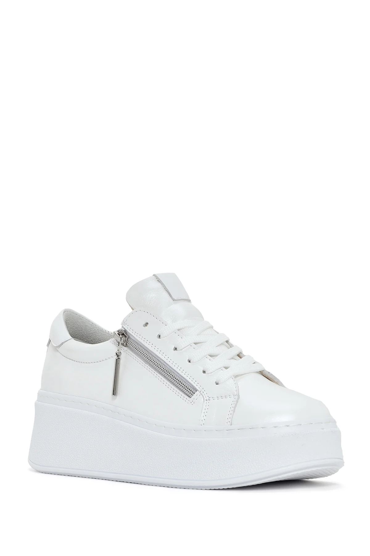 Kadın Beyaz Kalın Tabanlı Yandan Fermuarlı Deri Sneaker - Image 6