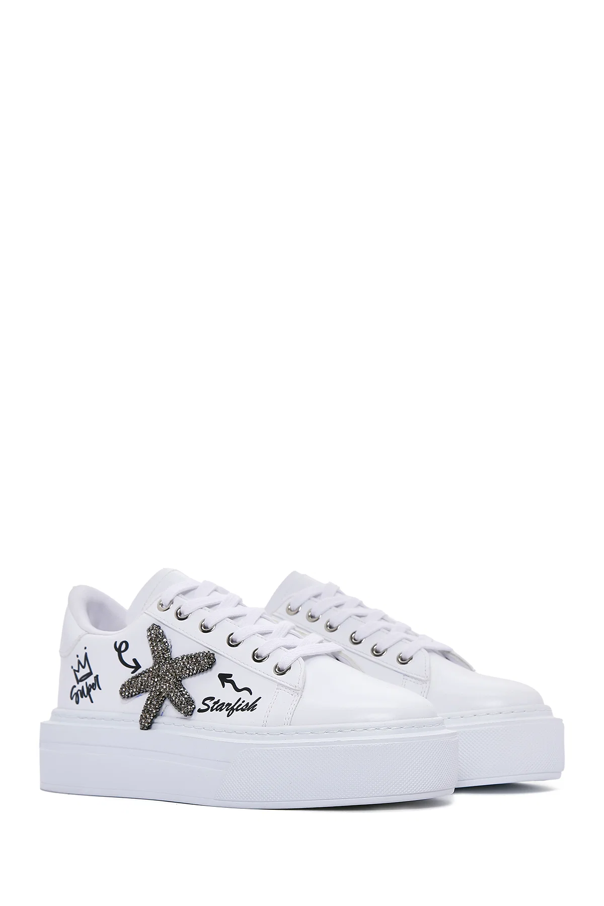 Kadın Beyaz Taşlı Kalın Tabanlı Sneaker - Image 3