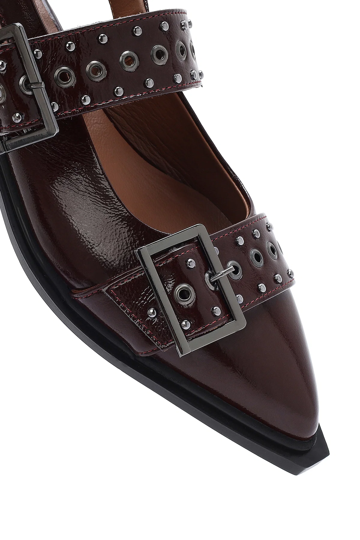 Kadın Bordo Arkası Açık Tokalı Rugan Deri Babet - Image 9