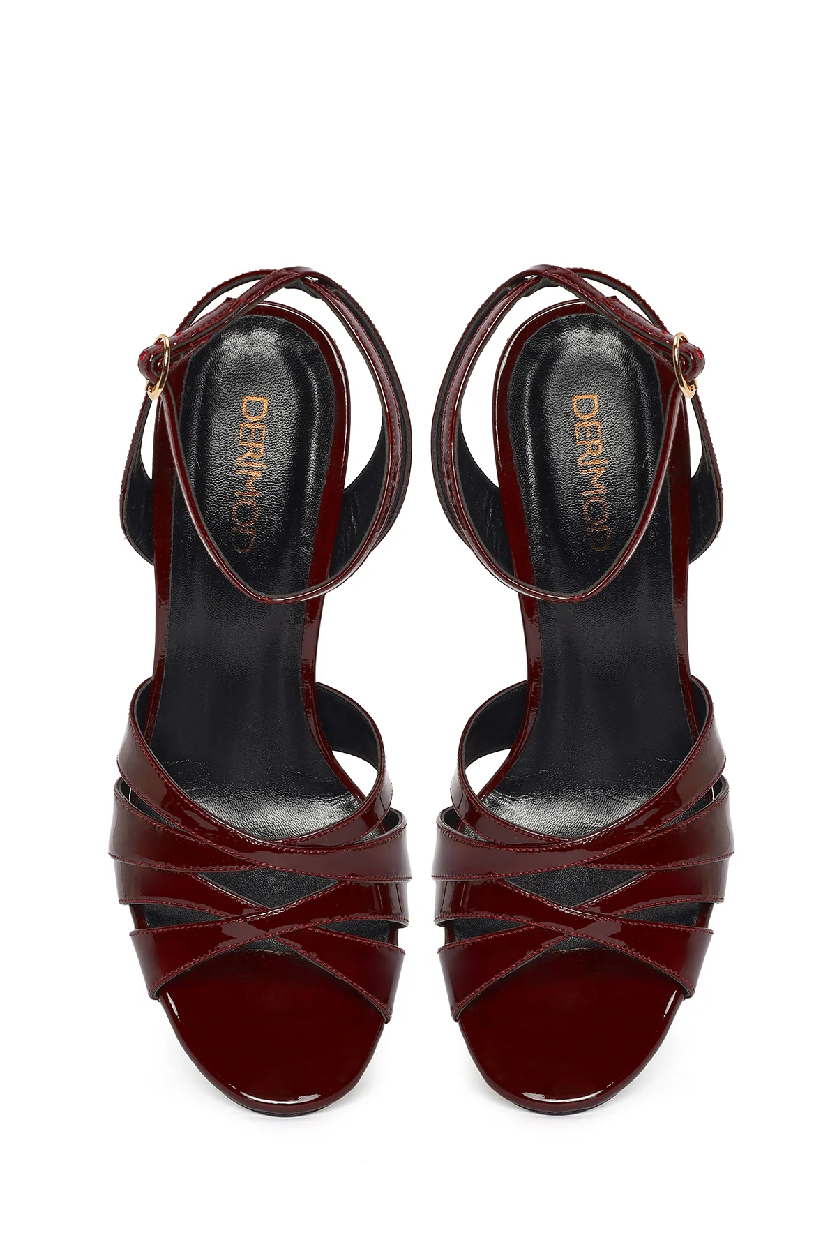 Kadın Bordo Bilekten Tokalı Yüksek İnce Topuklu Rugan Deri Sandalet - Image 5