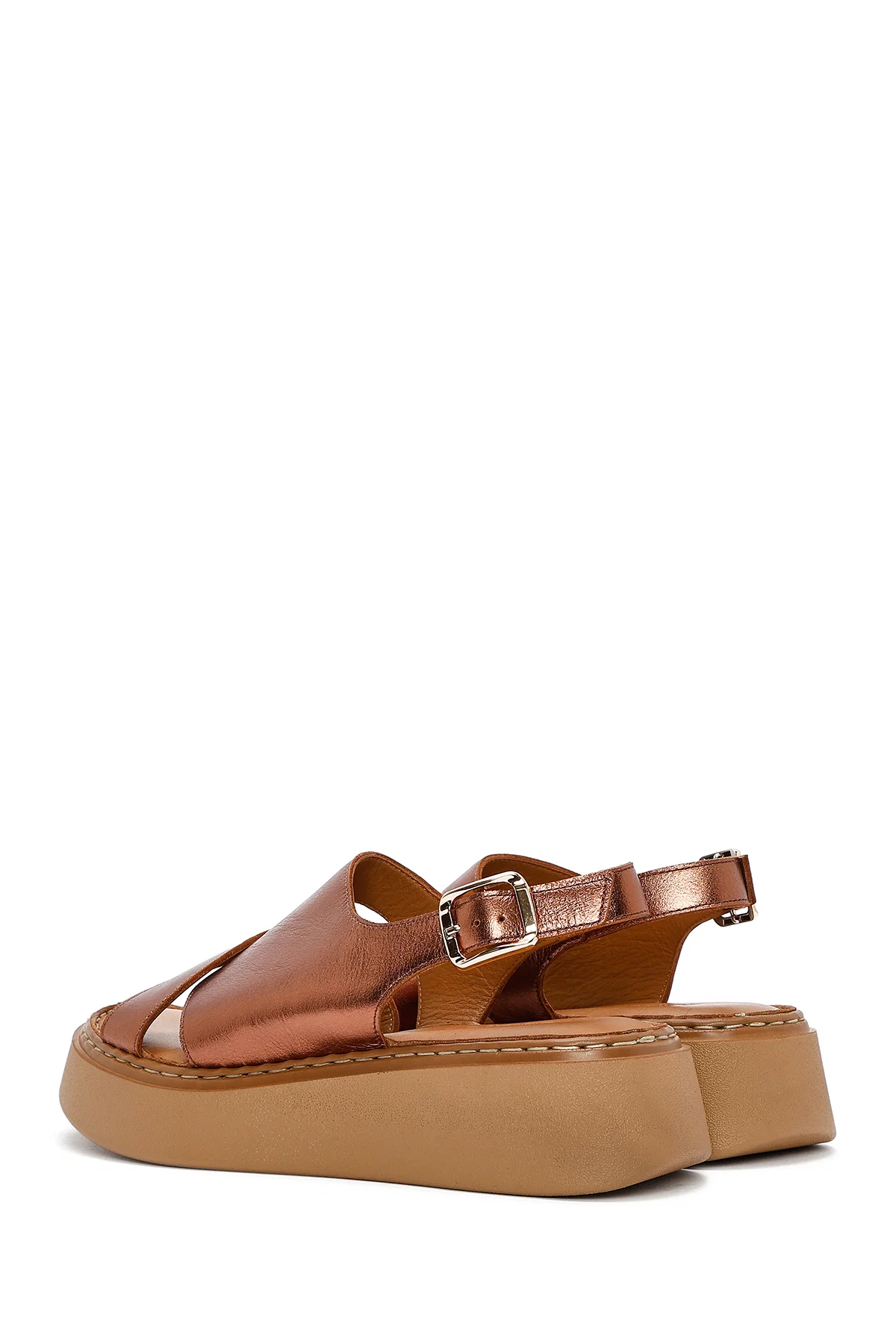 Kadın Bronz Kalın Tabanlı Metalik Deri Comfort Sandalet - Image 5