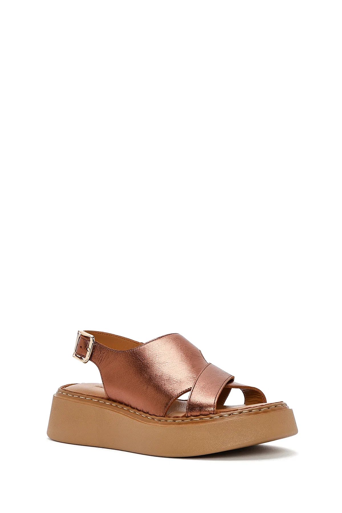 Kadın Bronz Kalın Tabanlı Metalik Deri Comfort Sandalet - Image 6