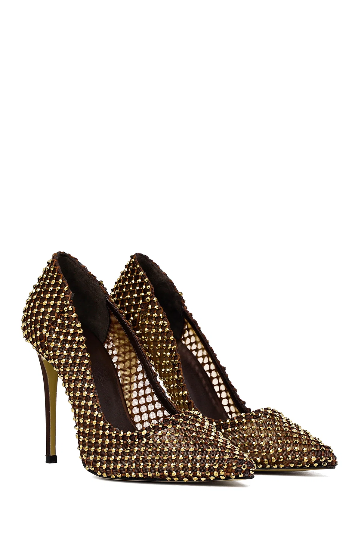 Kadın Bronz Taşlı Yüksek İnce Topuklu Deri Stiletto - Image 3