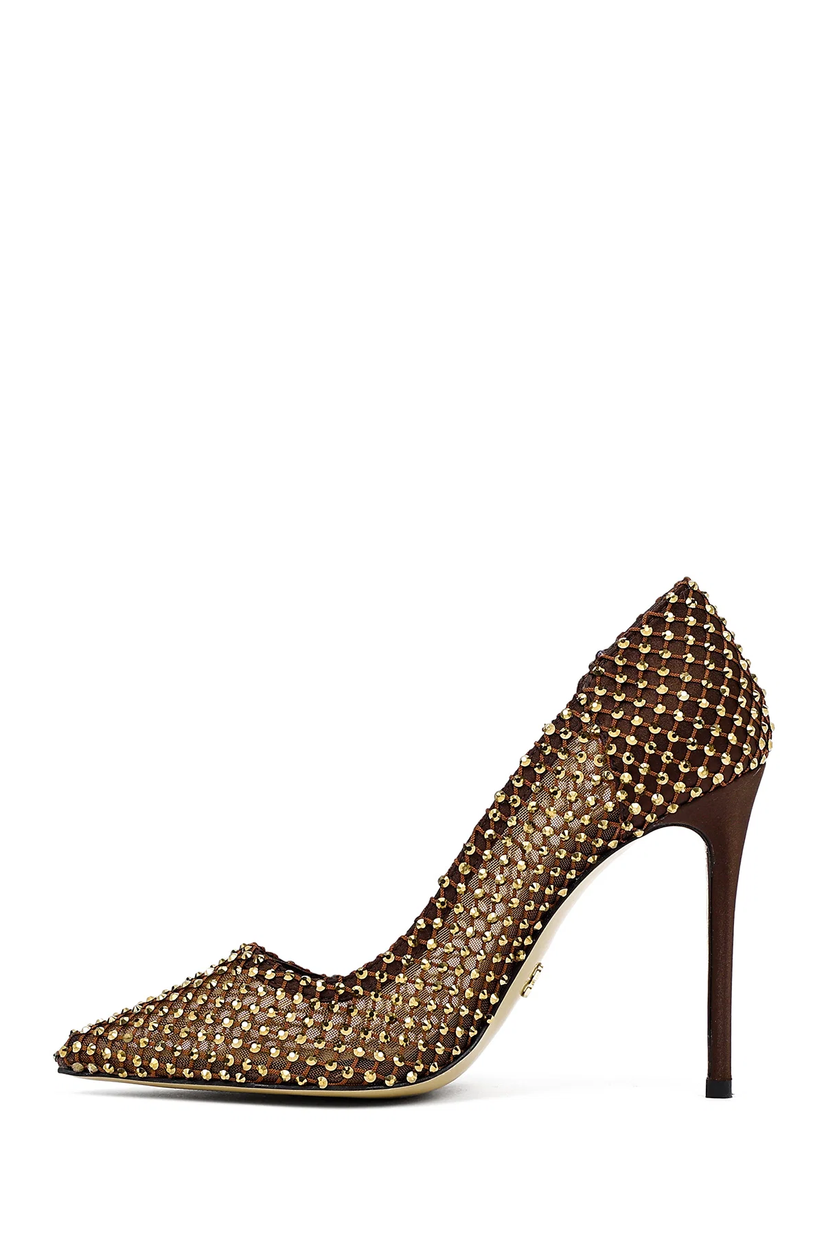 Kadın Bronz Taşlı Yüksek İnce Topuklu Deri Stiletto - Image 4