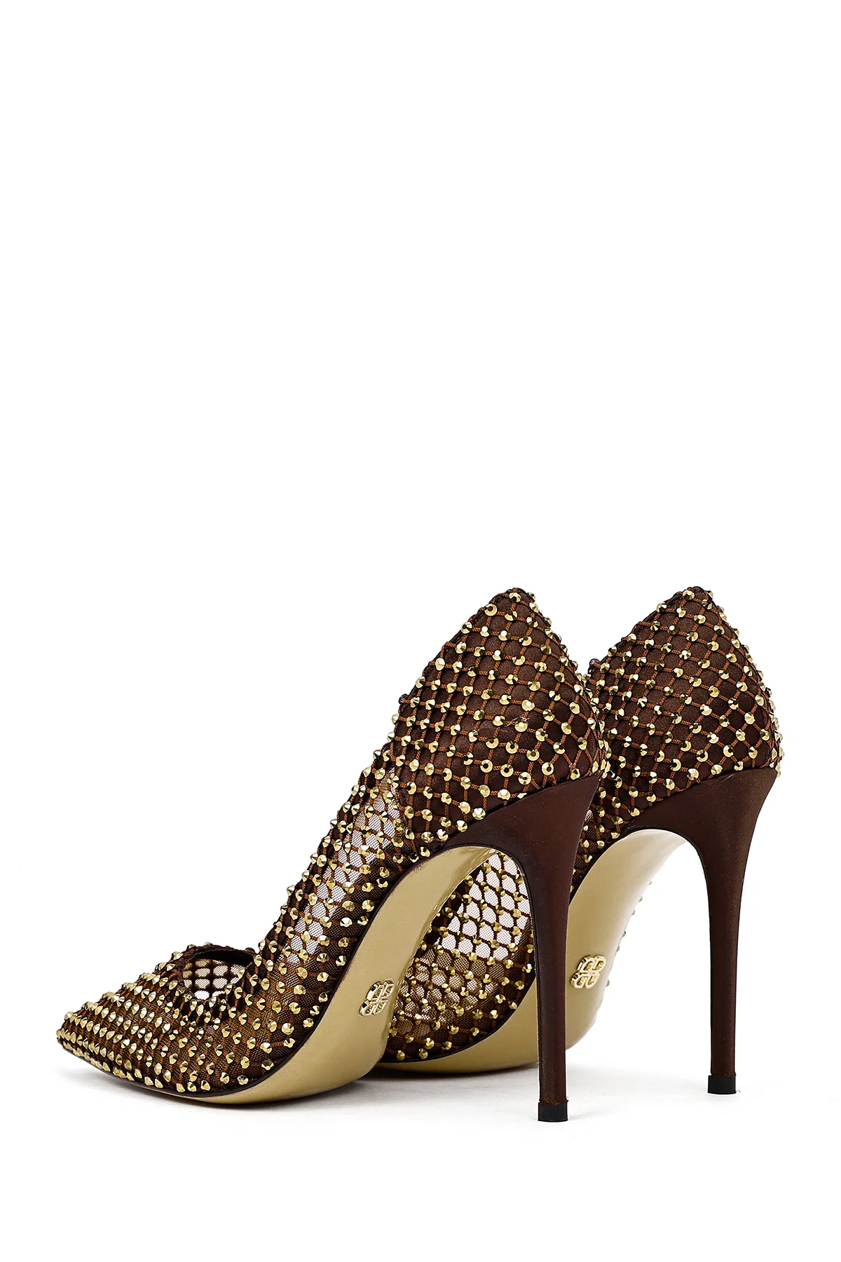 Kadın Bronz Taşlı Yüksek İnce Topuklu Deri Stiletto - Image 6