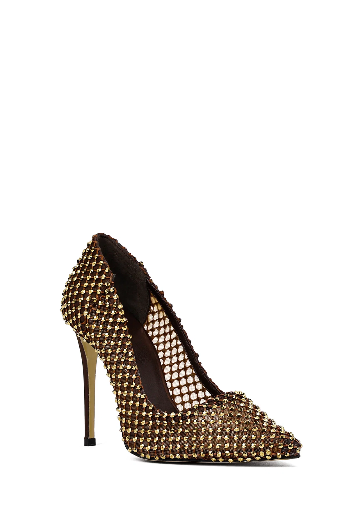 Kadın Bronz Taşlı Yüksek İnce Topuklu Deri Stiletto - Image 7
