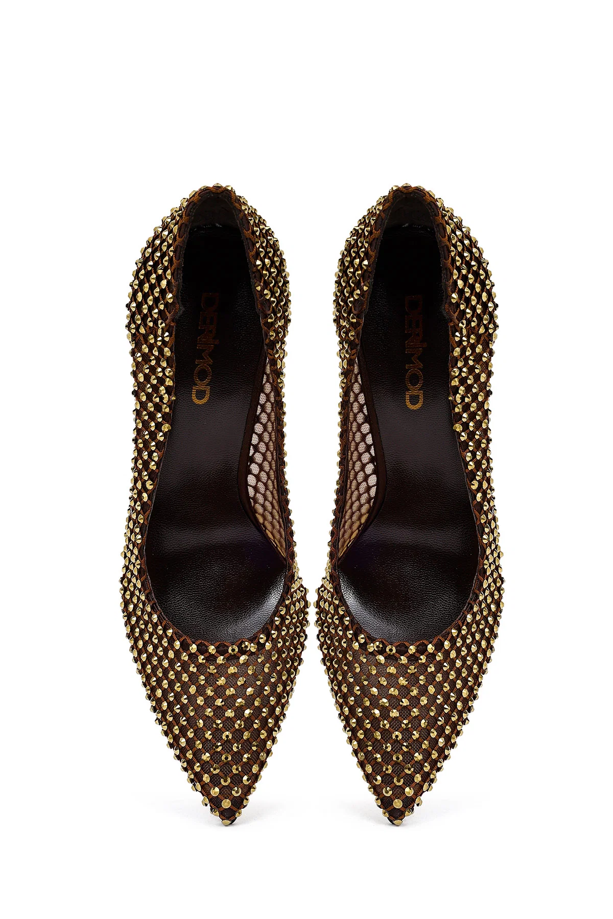 Kadın Bronz Taşlı Yüksek İnce Topuklu Deri Stiletto - Image 8