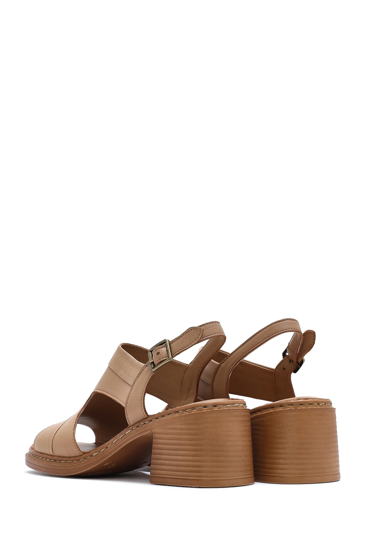 Kadın Camel Bilekten Bantlı Kalın Topuklu Deri Sandalet - Image 7
