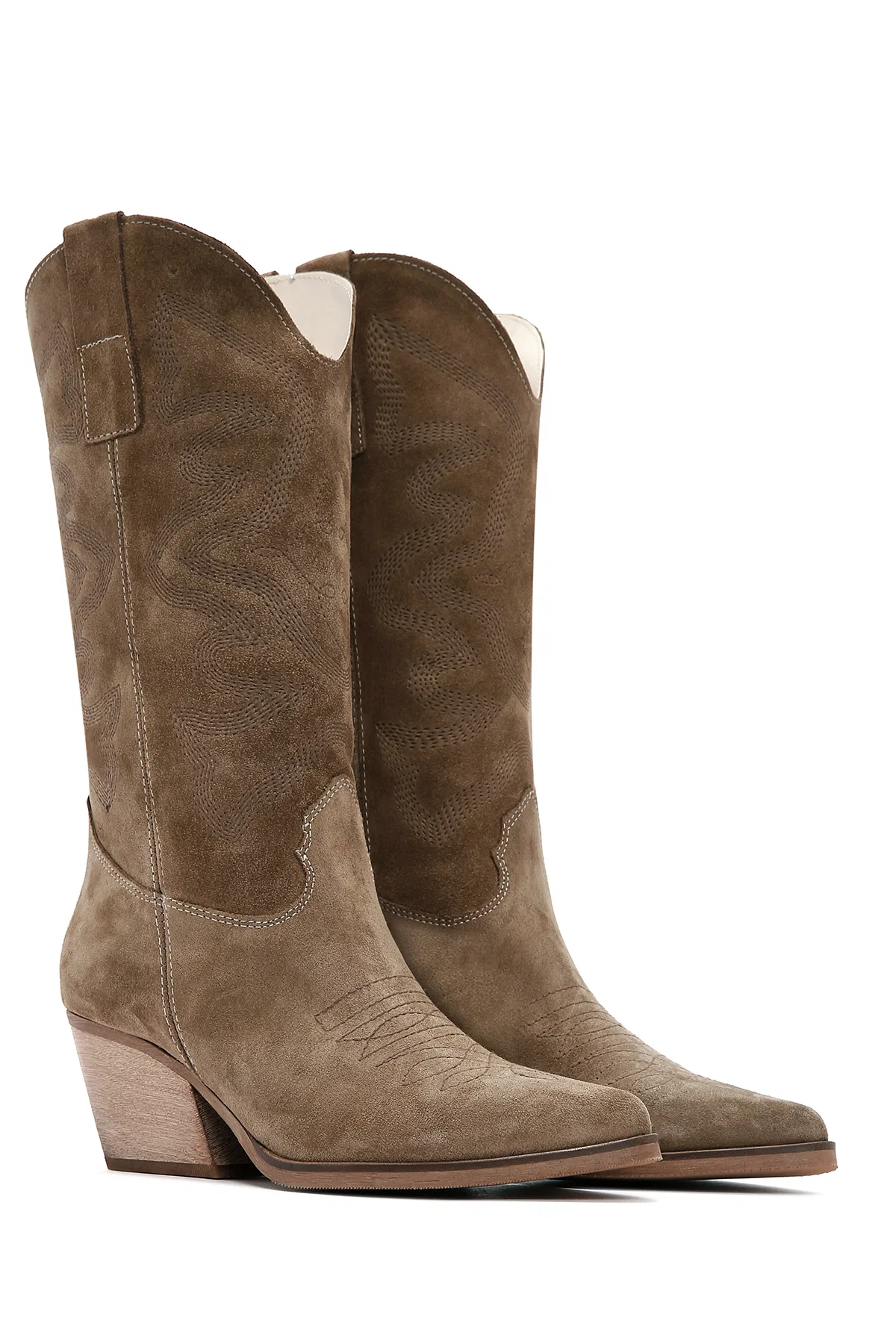 Kadın Camel Süet Deri Kovboy Western Topuklu Çizme - Image 4