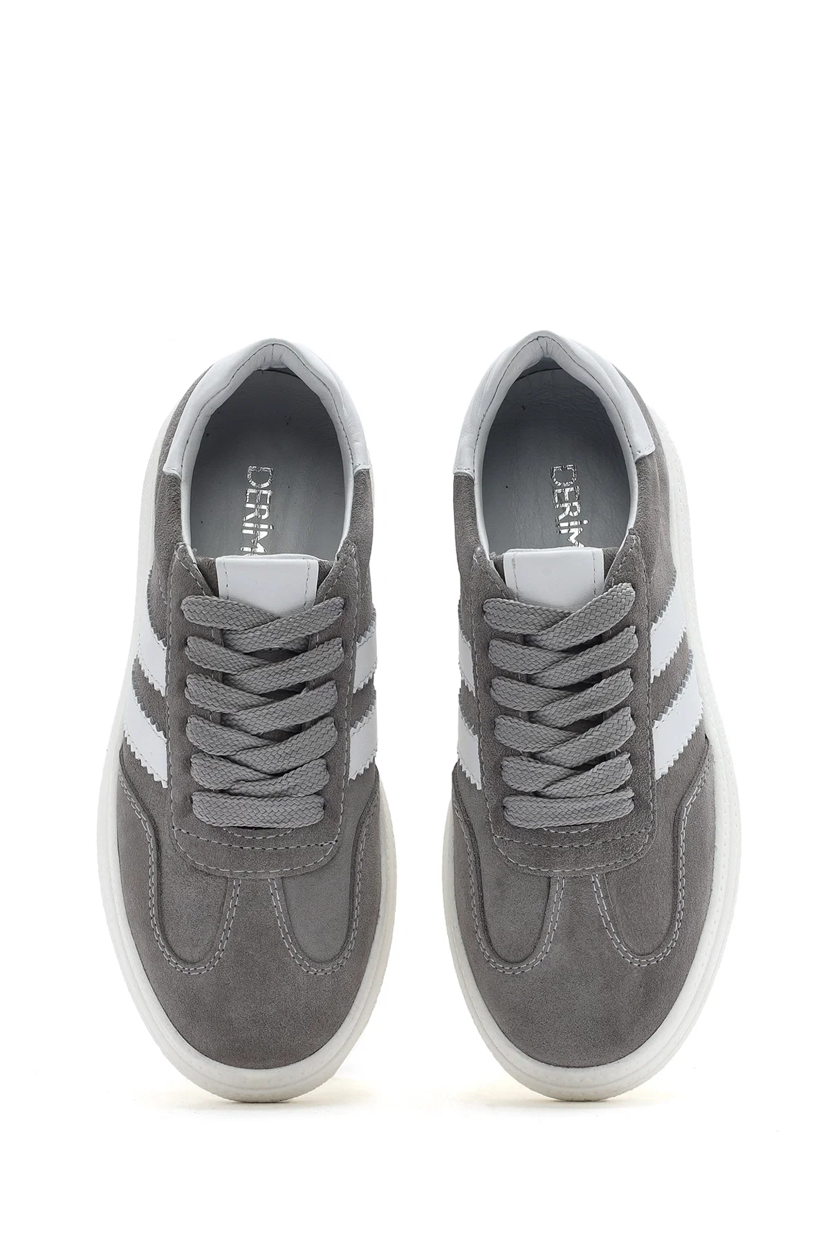 Kadın Gri Bağcıklı Kalın Tabanlı Süet Deri Sneaker - Image 6