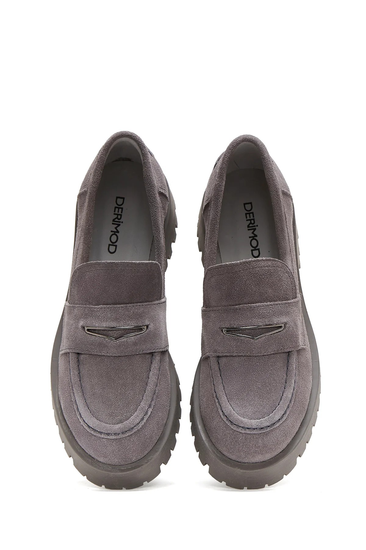Kadın Gri Deri Süet Maskülen Loafer - Image 6