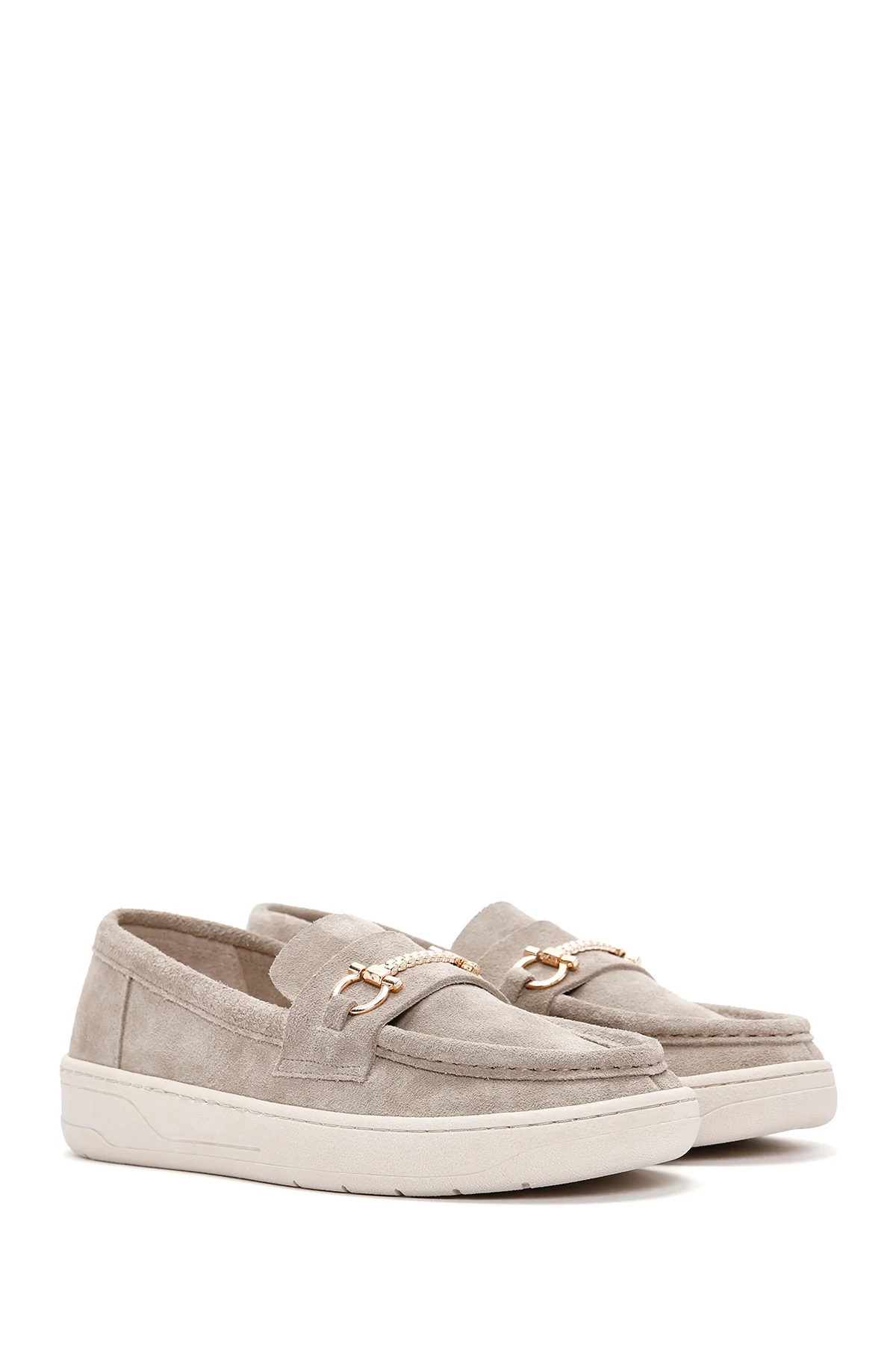 Kadın Gri Süet Deri Casual Loafer - Image 3