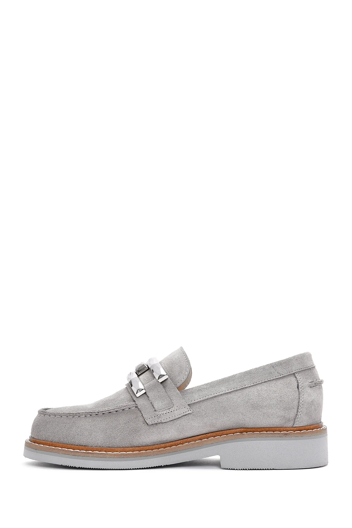Kadın Gri Süet Deri Maskülen Loafer - Image 2