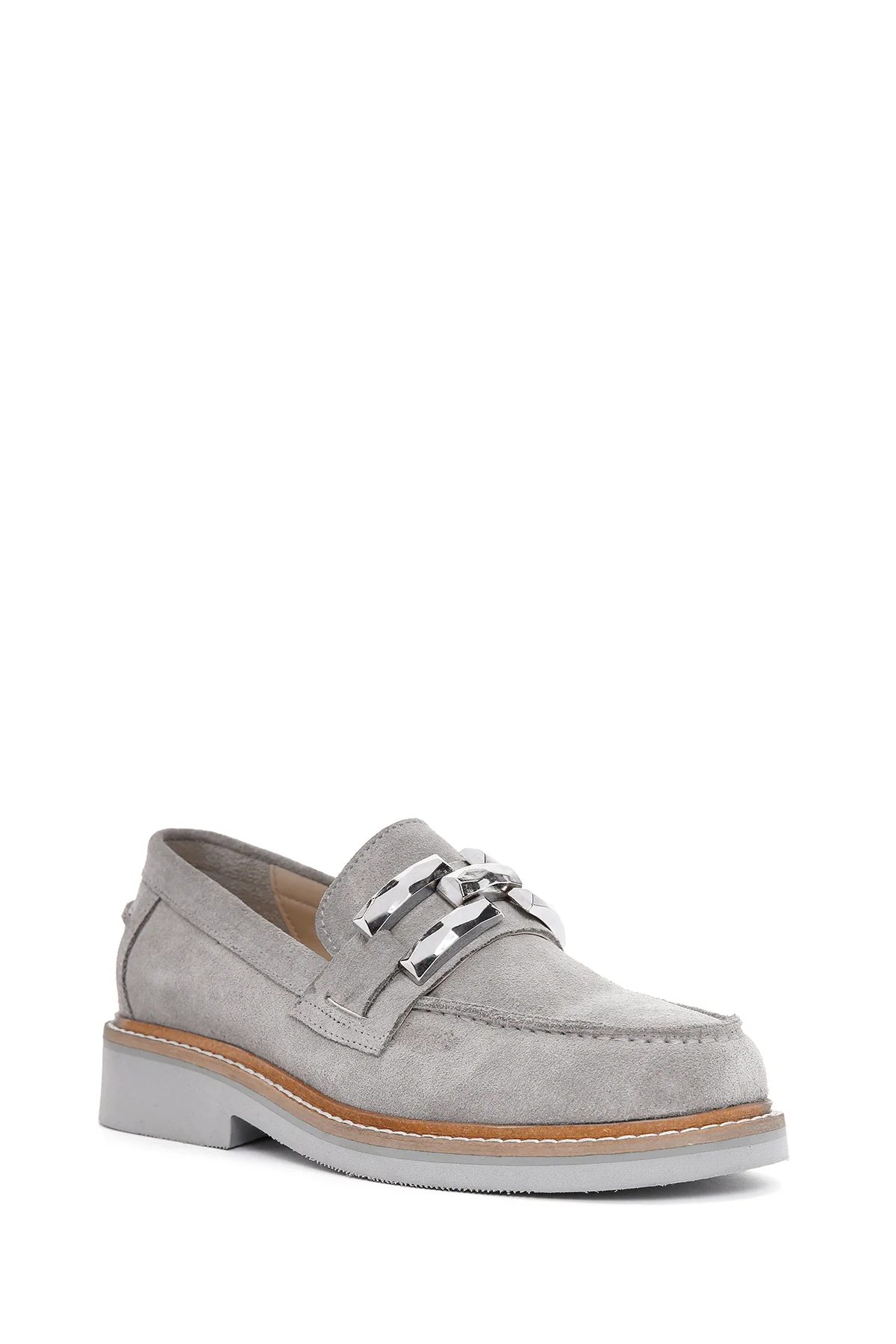 Kadın Gri Süet Deri Maskülen Loafer - Image 6