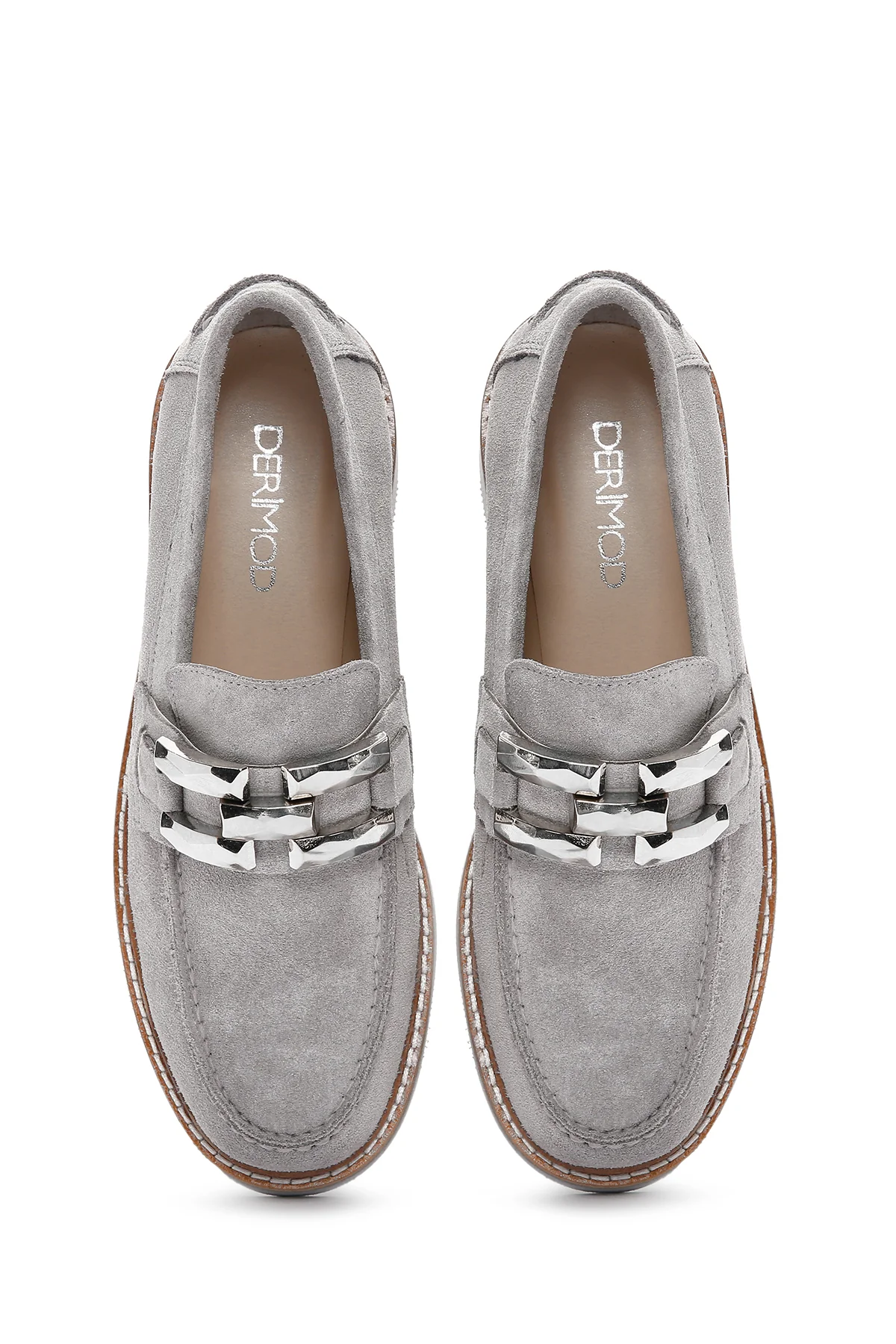 Kadın Gri Süet Deri Maskülen Loafer - Image 7