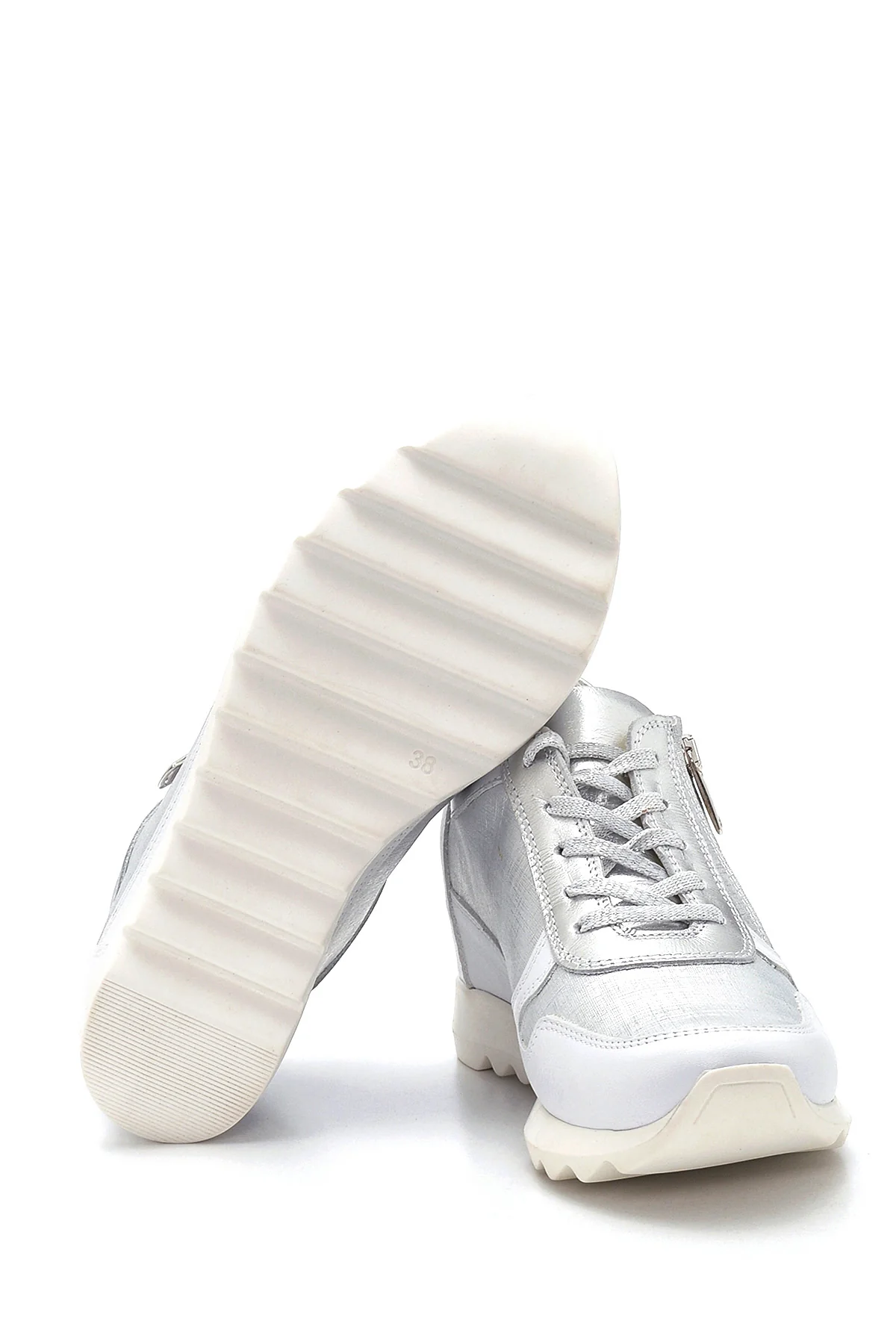 Kadın Gümüş Deri Dolgu Topuk Sneaker - Image 4