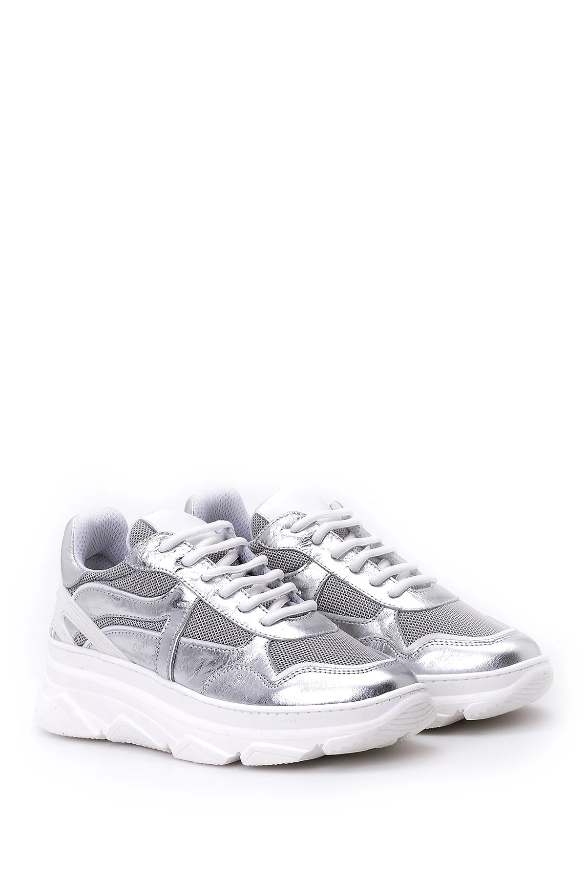 Kadın Gümüş Deri Sneaker - Image 3