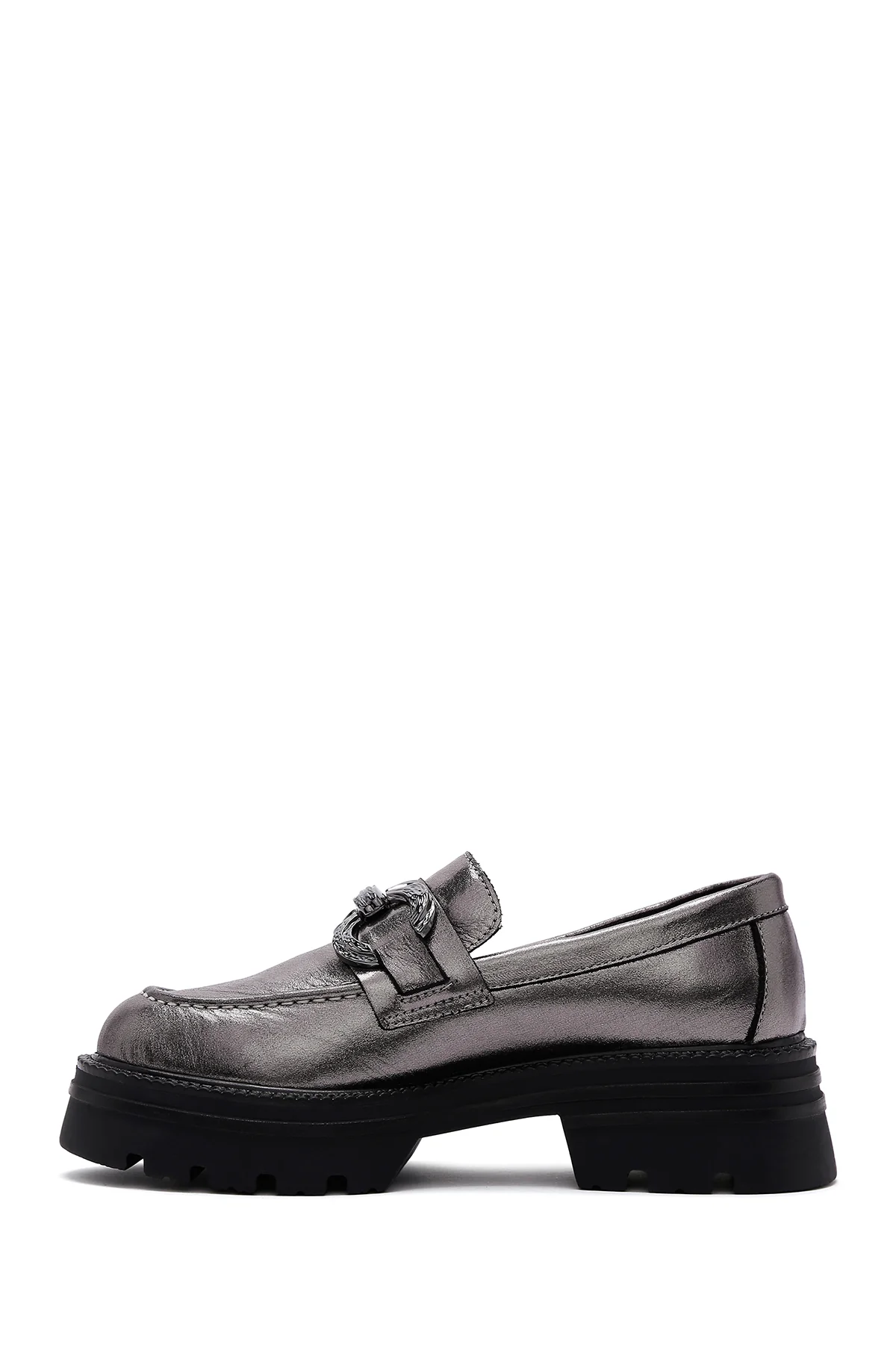 Kadın Gümüş Deri Tokalı Casual Loafer - Image 3