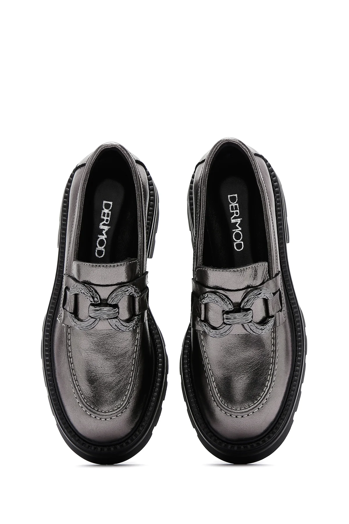 Kadın Gümüş Deri Tokalı Casual Loafer - Image 7