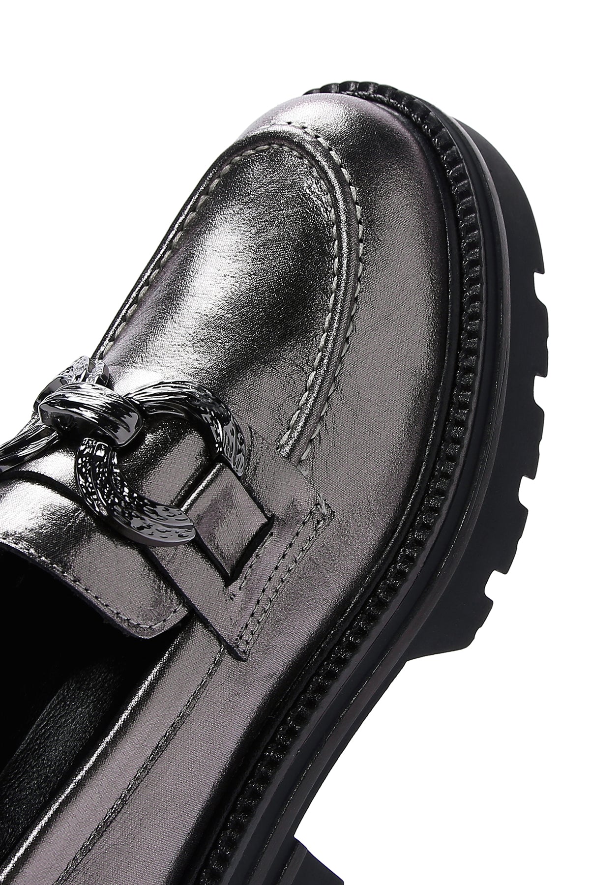 Kadın Gümüş Deri Tokalı Casual Loafer - Image 9