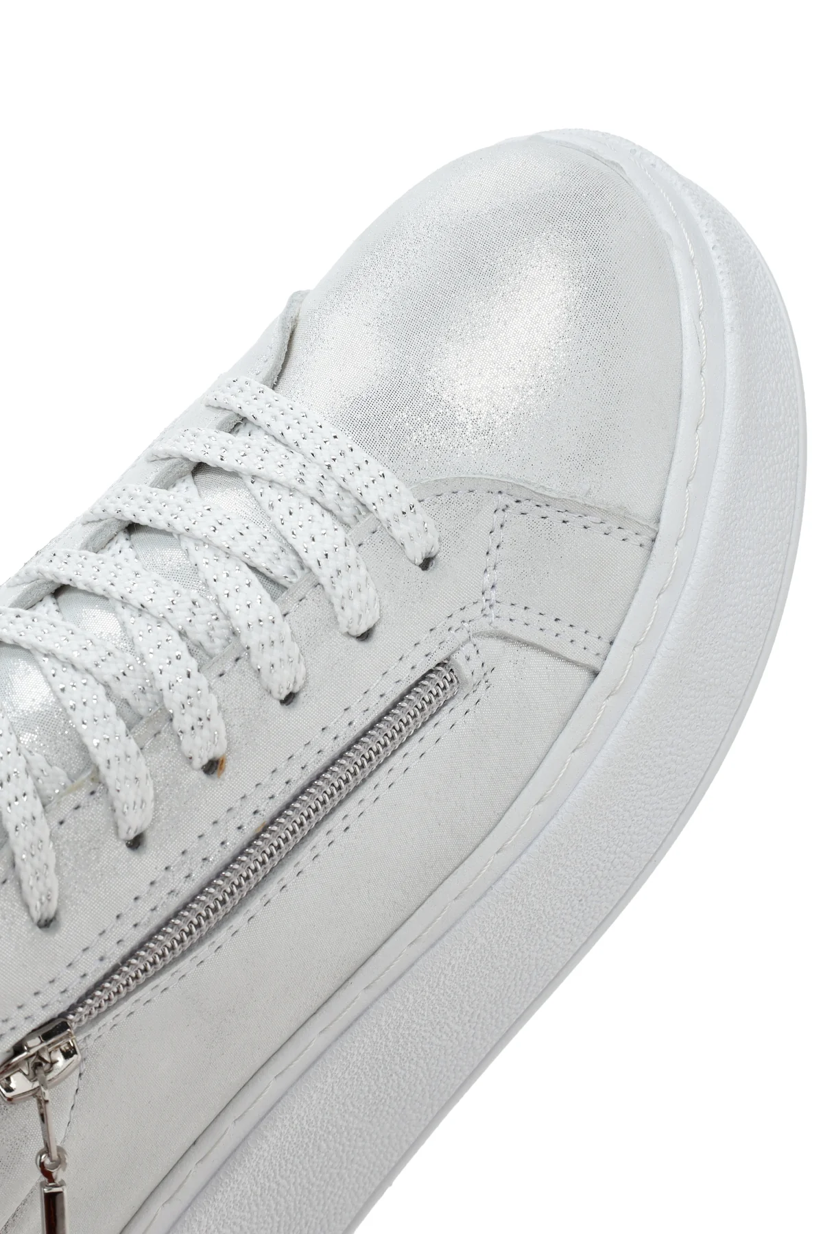 Kadın Gümüş Kalın Tabanlı Yandan Fermuarlı Deri Sneaker - Image 11