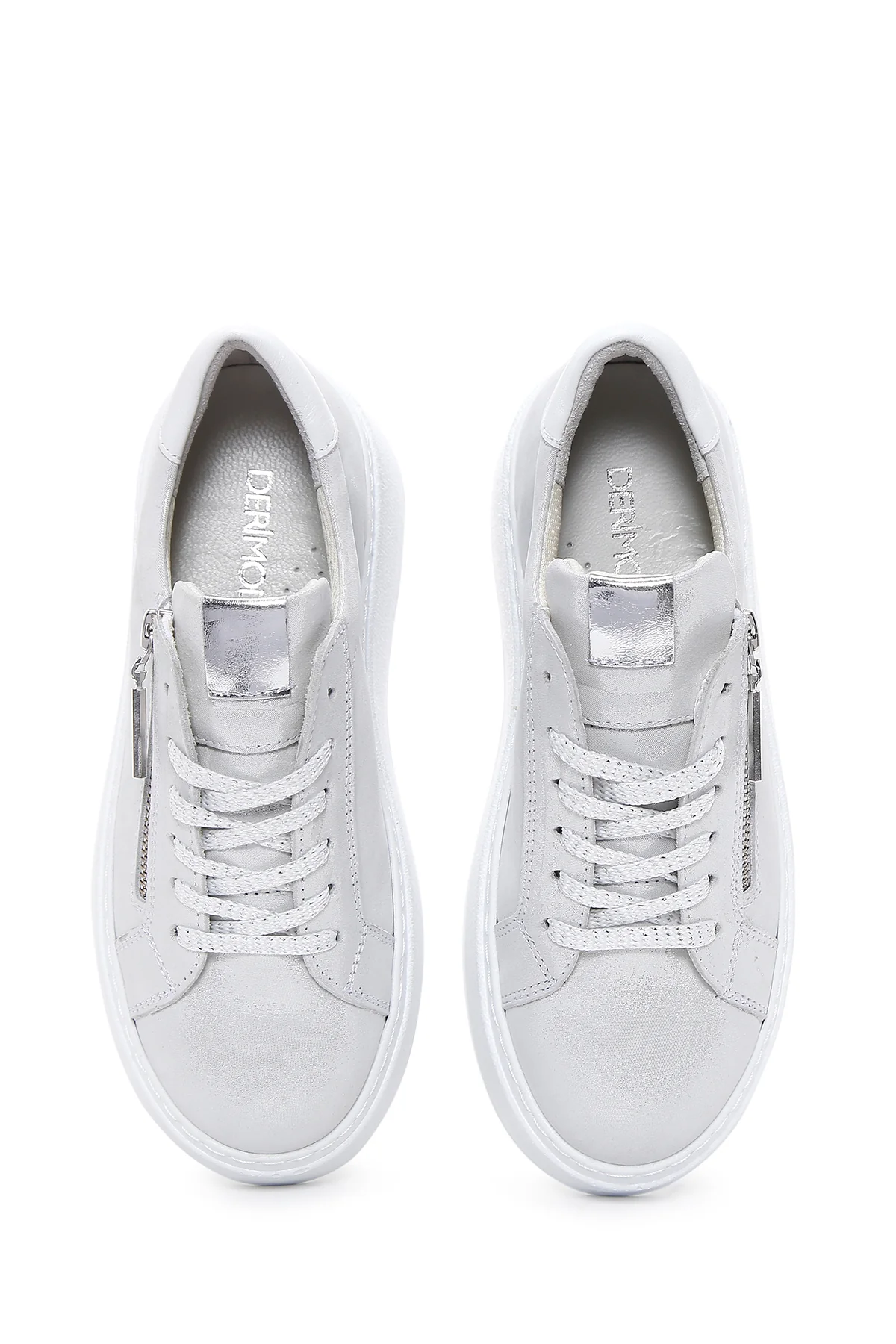 Kadın Gümüş Kalın Tabanlı Yandan Fermuarlı Deri Sneaker - Image 6