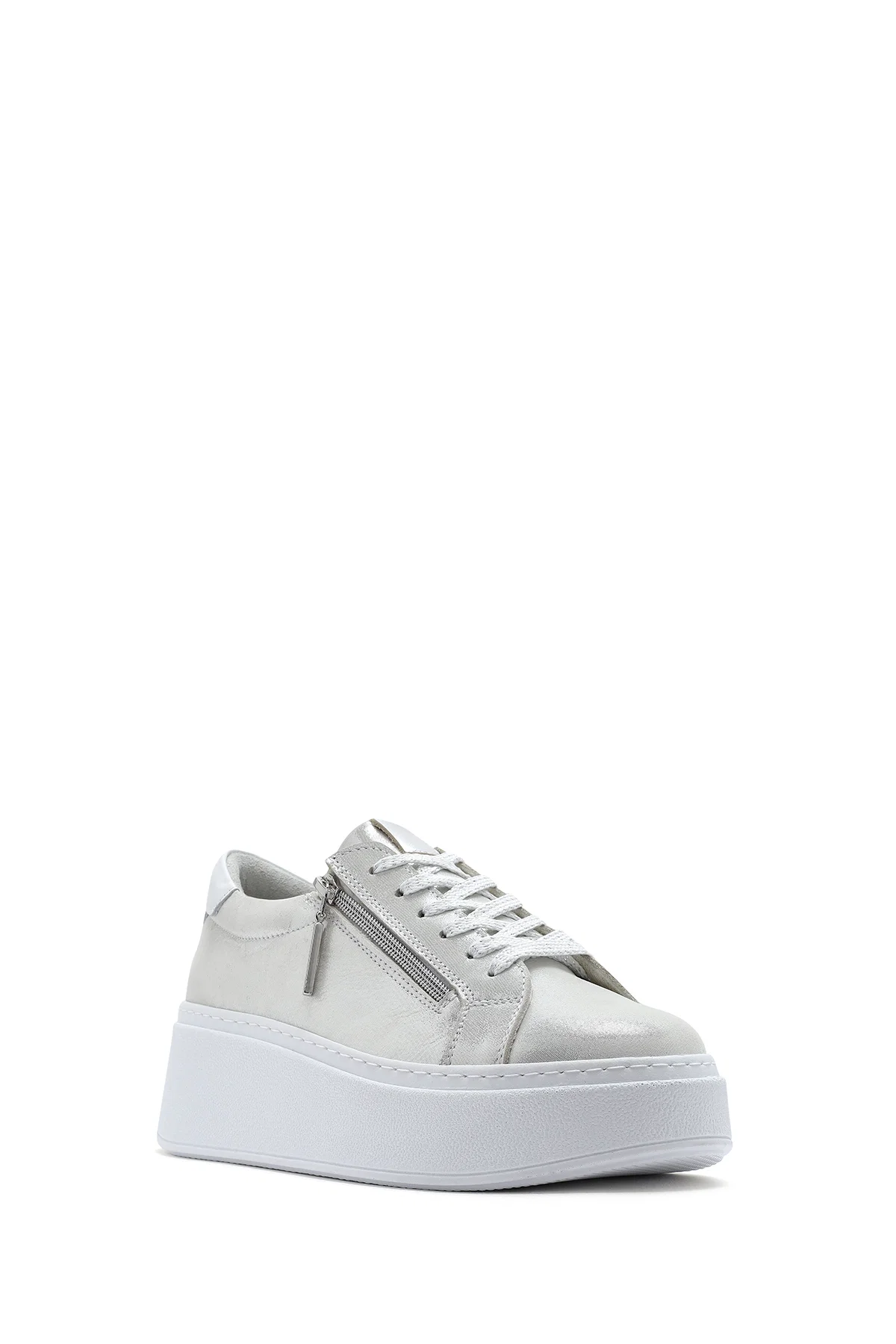 Kadın Gümüş Kalın Tabanlı Yandan Fermuarlı Deri Sneaker - Image 6