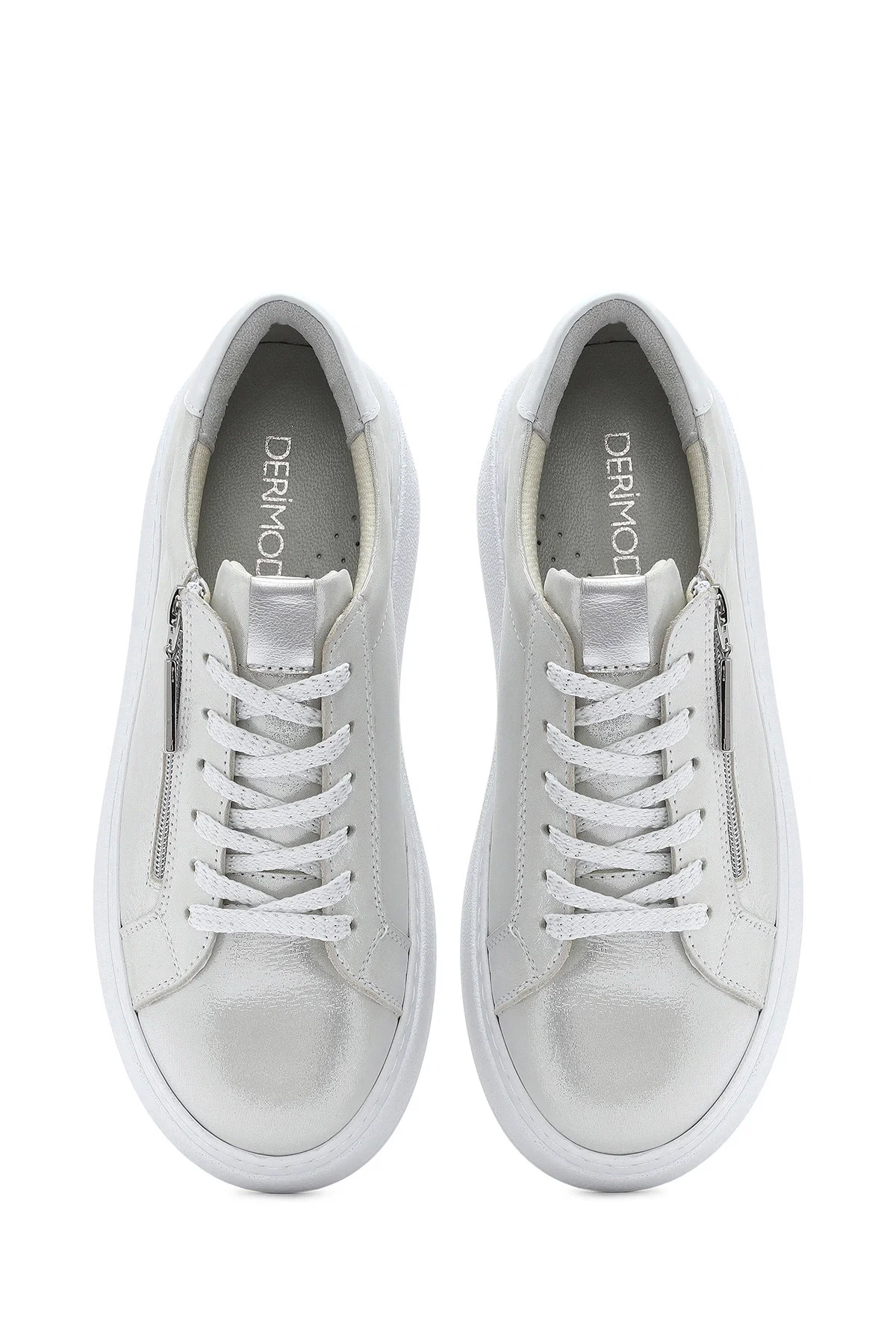 Kadın Gümüş Kalın Tabanlı Yandan Fermuarlı Deri Sneaker - Image 7