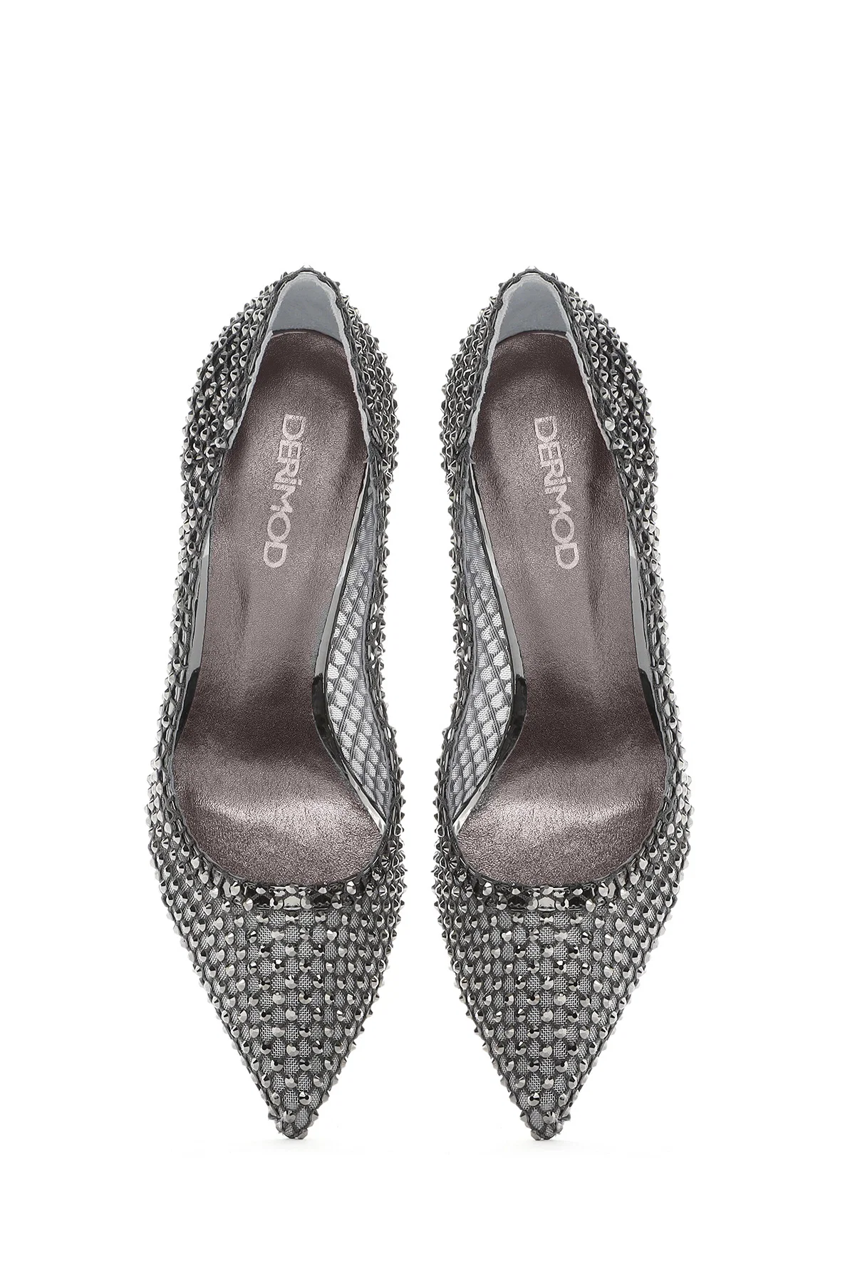Kadın Gümüş Taşlı Yüksek İnce Topuklu Deri Stiletto - Image 8