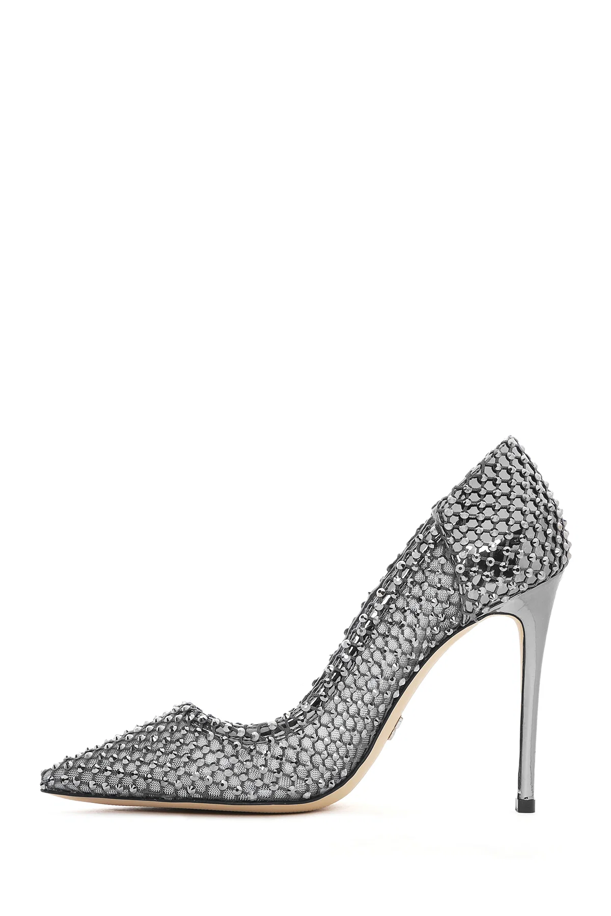 Kadın Gümüş Taşlı Yüksek İnce Topuklu Deri Stiletto - Image 5