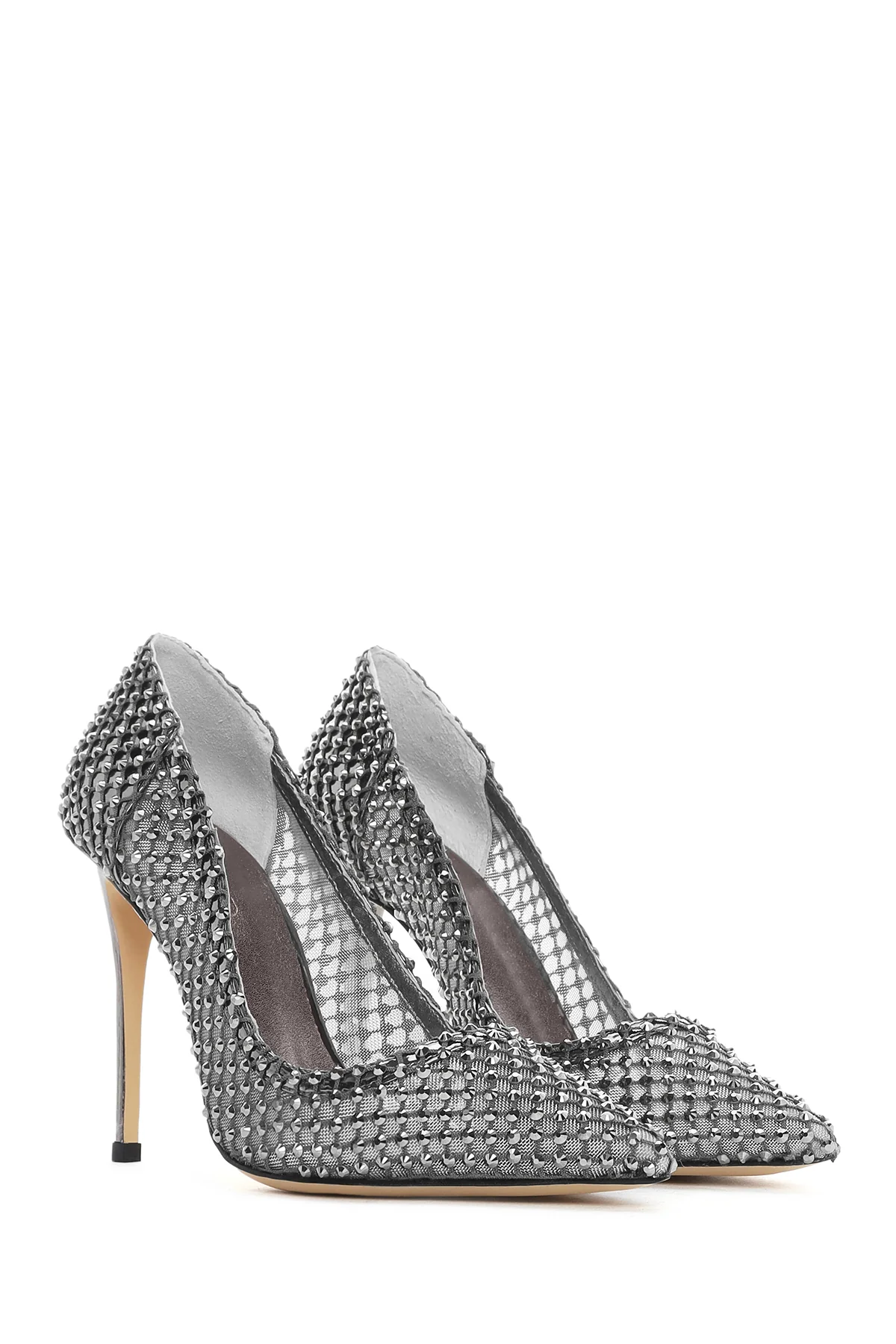 Kadın Gümüş Taşlı Yüksek İnce Topuklu Deri Stiletto - Image 3