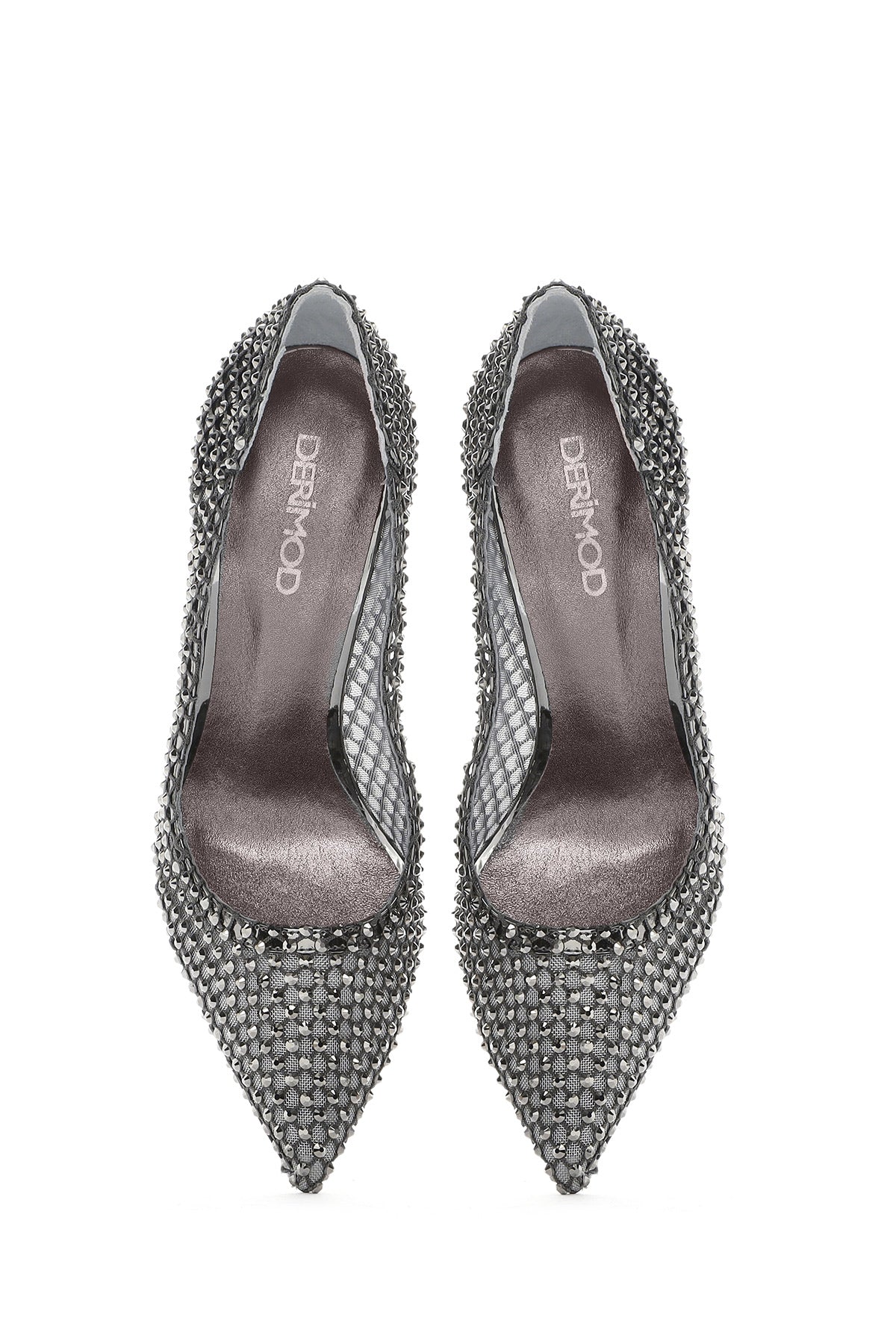Kadın Gümüş Taşlı Yüksek İnce Topuklu Deri Stiletto - Image 6