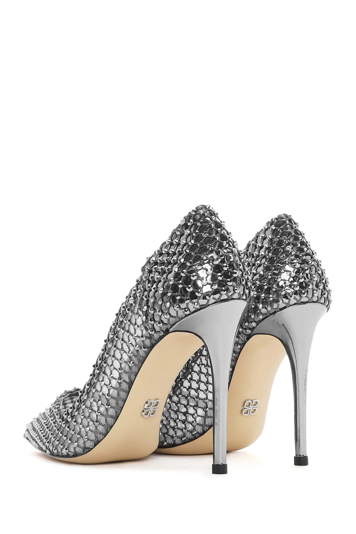 Kadın Gümüş Taşlı Yüksek İnce Topuklu Deri Stiletto - Image 8