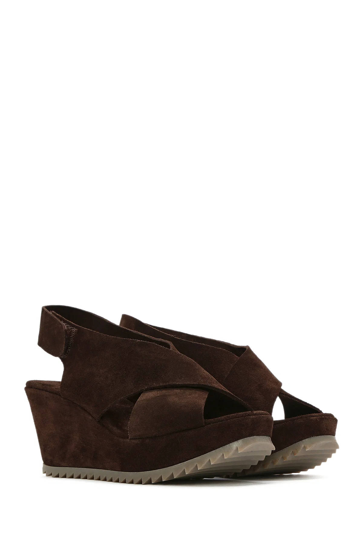 Kadın Kahverengi Arkadan Bantlı Dolgu Topuklu Süet Deri Sandalet - Image 3