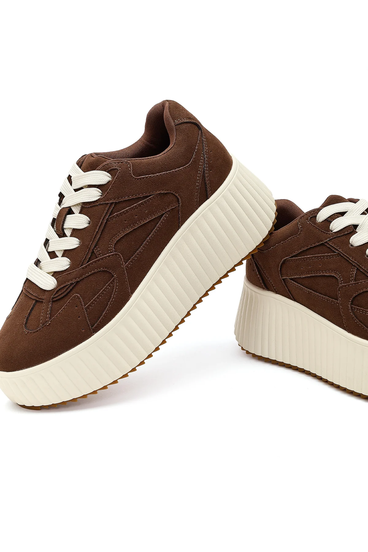 Kadın Kahverengi Bağcıklı Kalın Tabanlı Süet Sneaker - Image 12