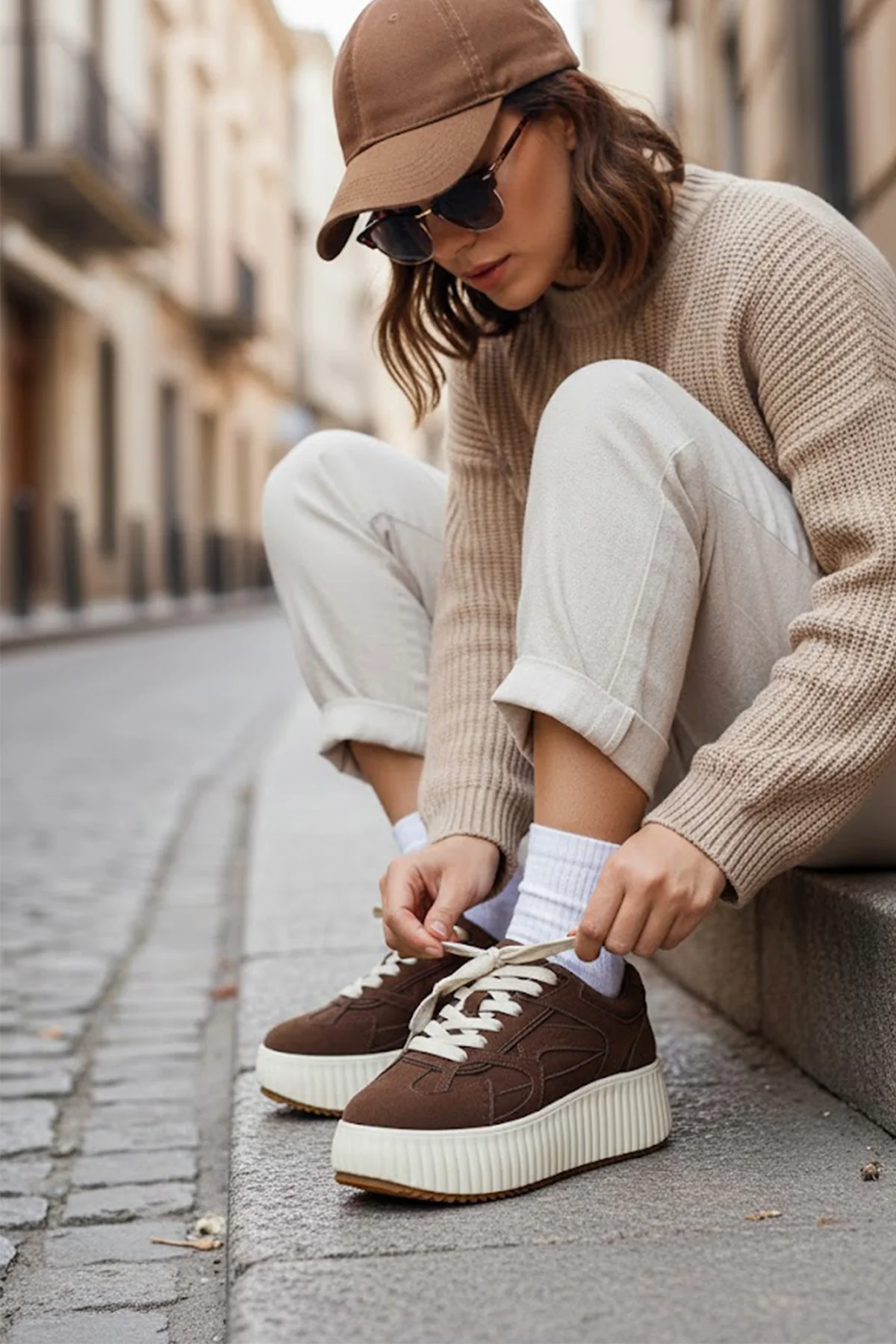 Kadın Kahverengi Bağcıklı Kalın Tabanlı Süet Sneaker - Image 2