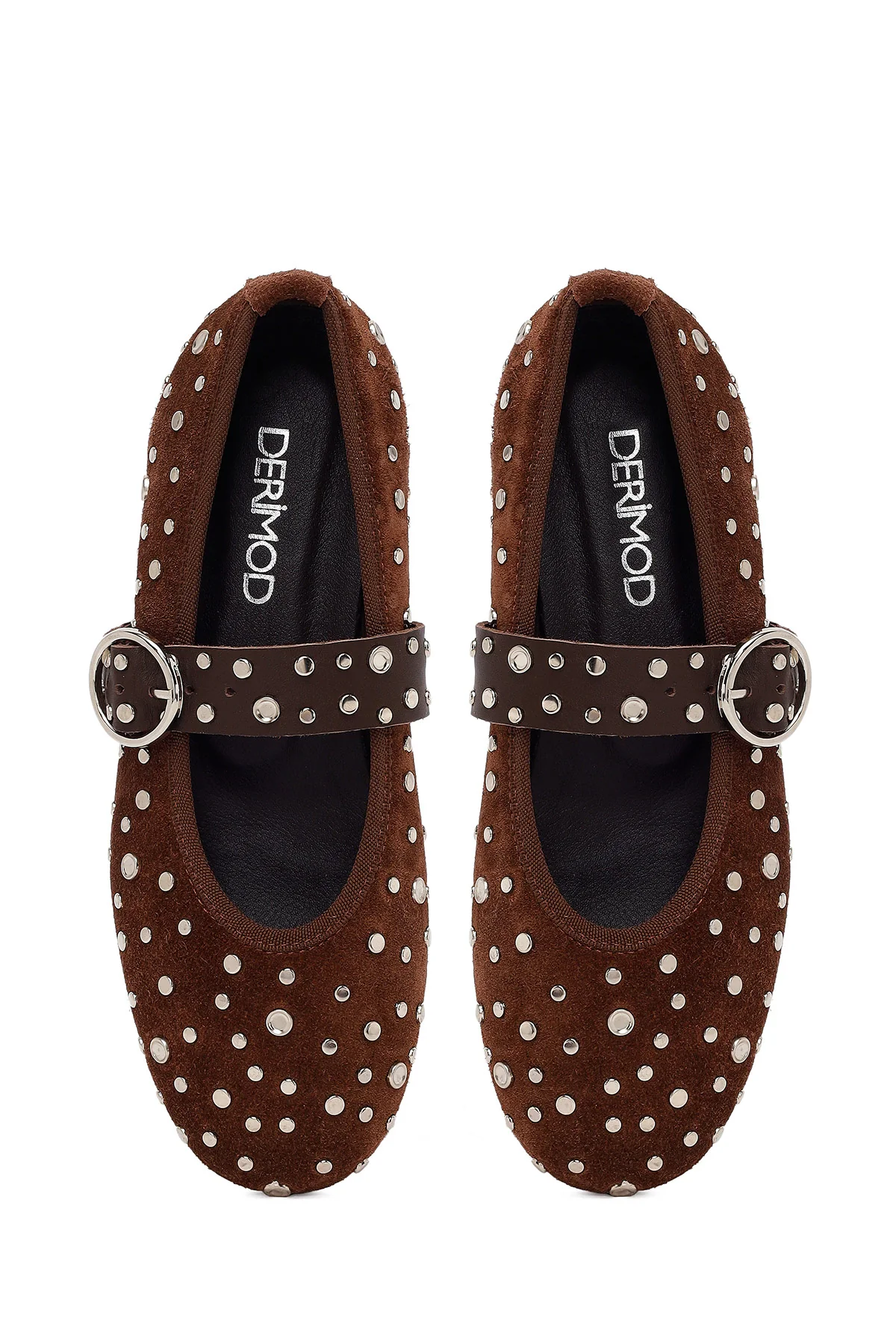 Kadın Kahverengi Bantlı Zımbalı Süet Deri Babet - Image 4