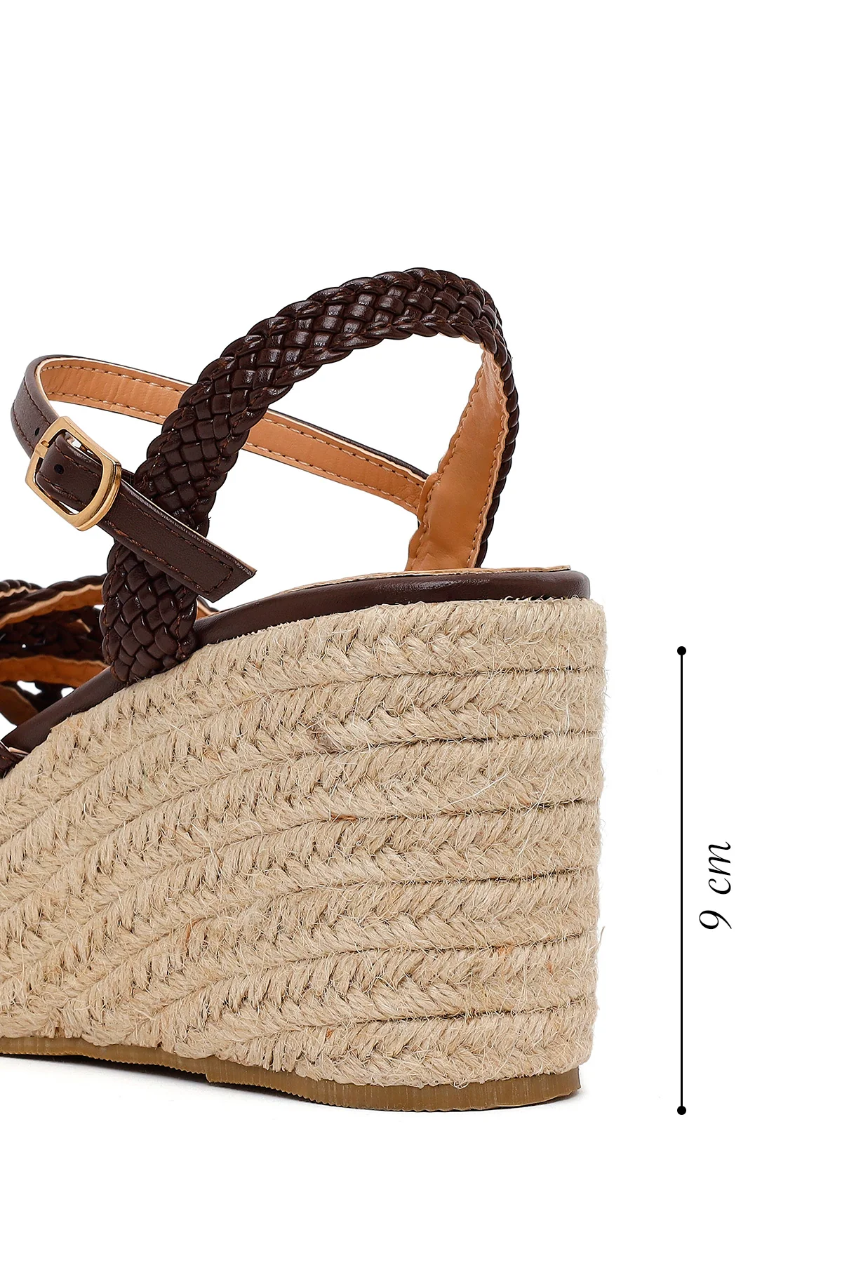 Kadın Kahverengi Bilekten Tokalı Örgülü Dolgu Topuklu Espadril Sandalet - Image 4