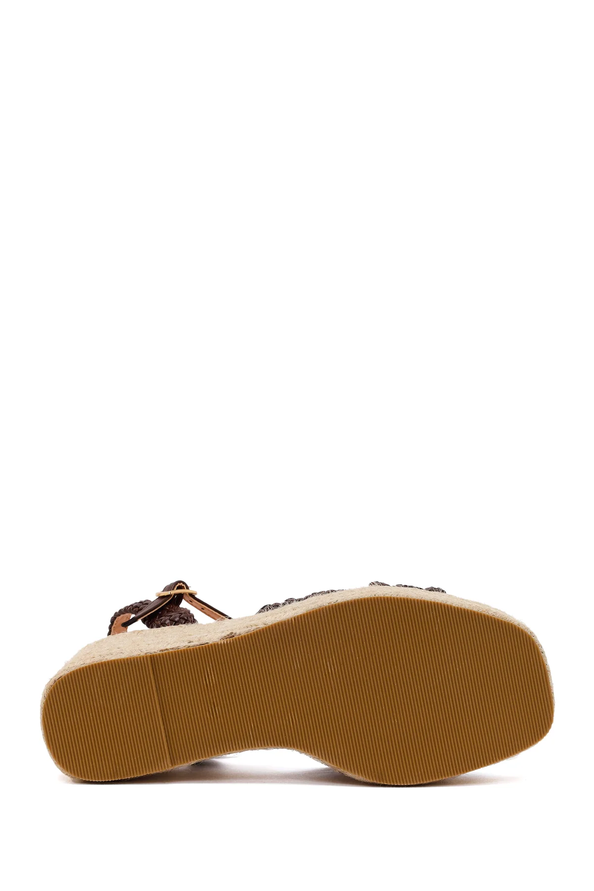 Kadın Kahverengi Bilekten Tokalı Örgülü Dolgu Topuklu Espadril Sandalet - Image 6