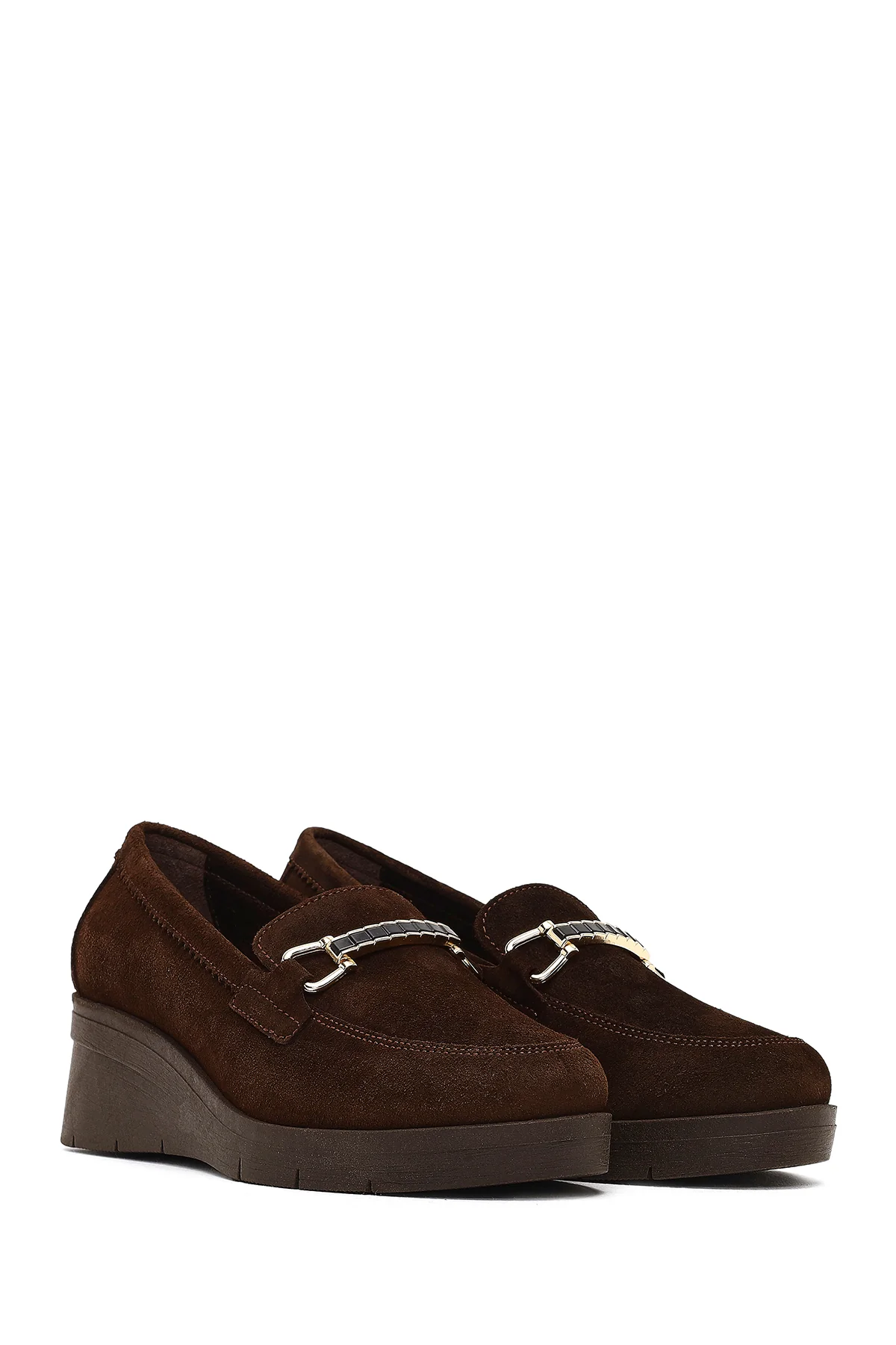 Kadın Kahverengi Tokalı Dolgu Topuklu Süet Deri Comfort Loafer - Image 3